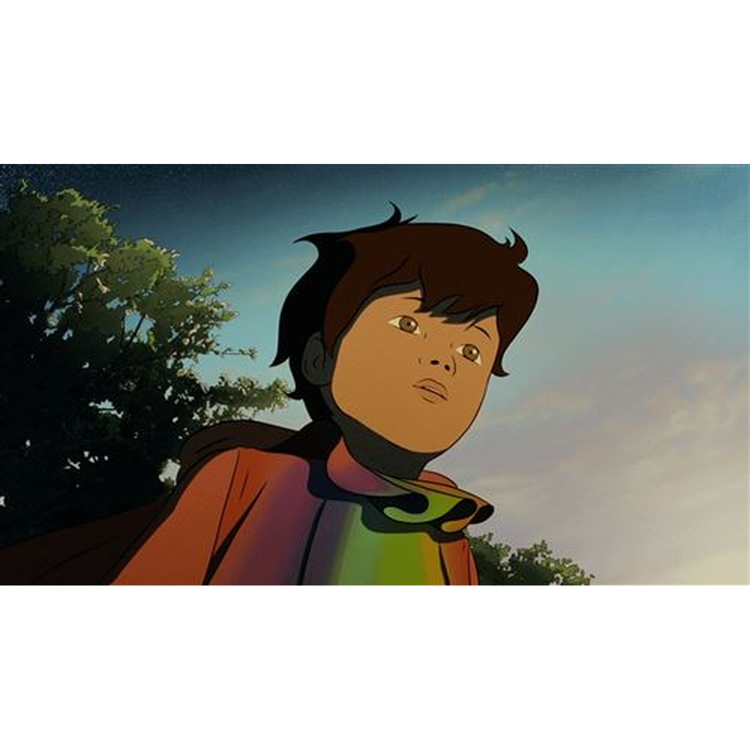 Een jongen met bruin haar en een cape kijkt omhoog.