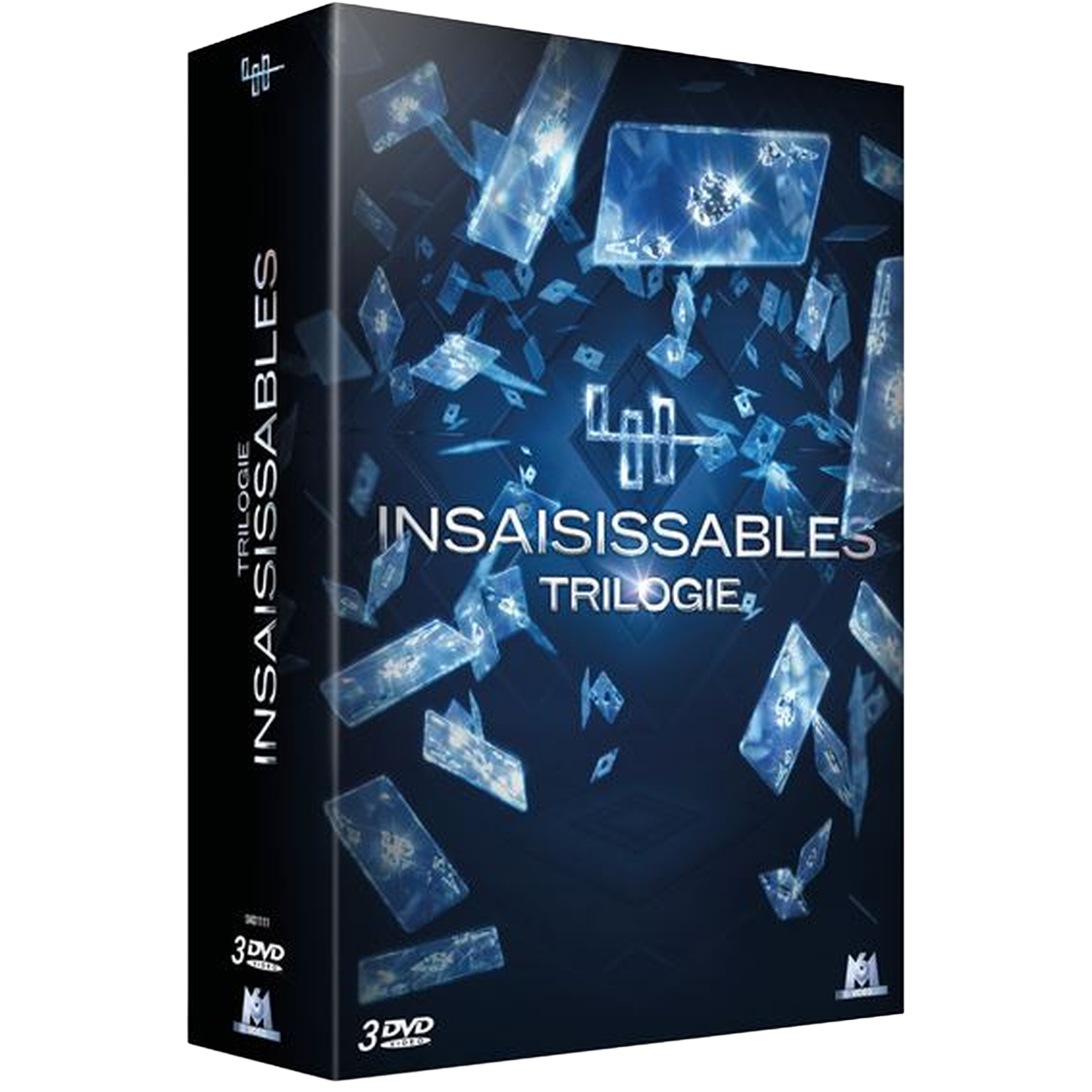 DVD boxset van de 'Insaisissables' trilogie met blauwe geometrische vormen.