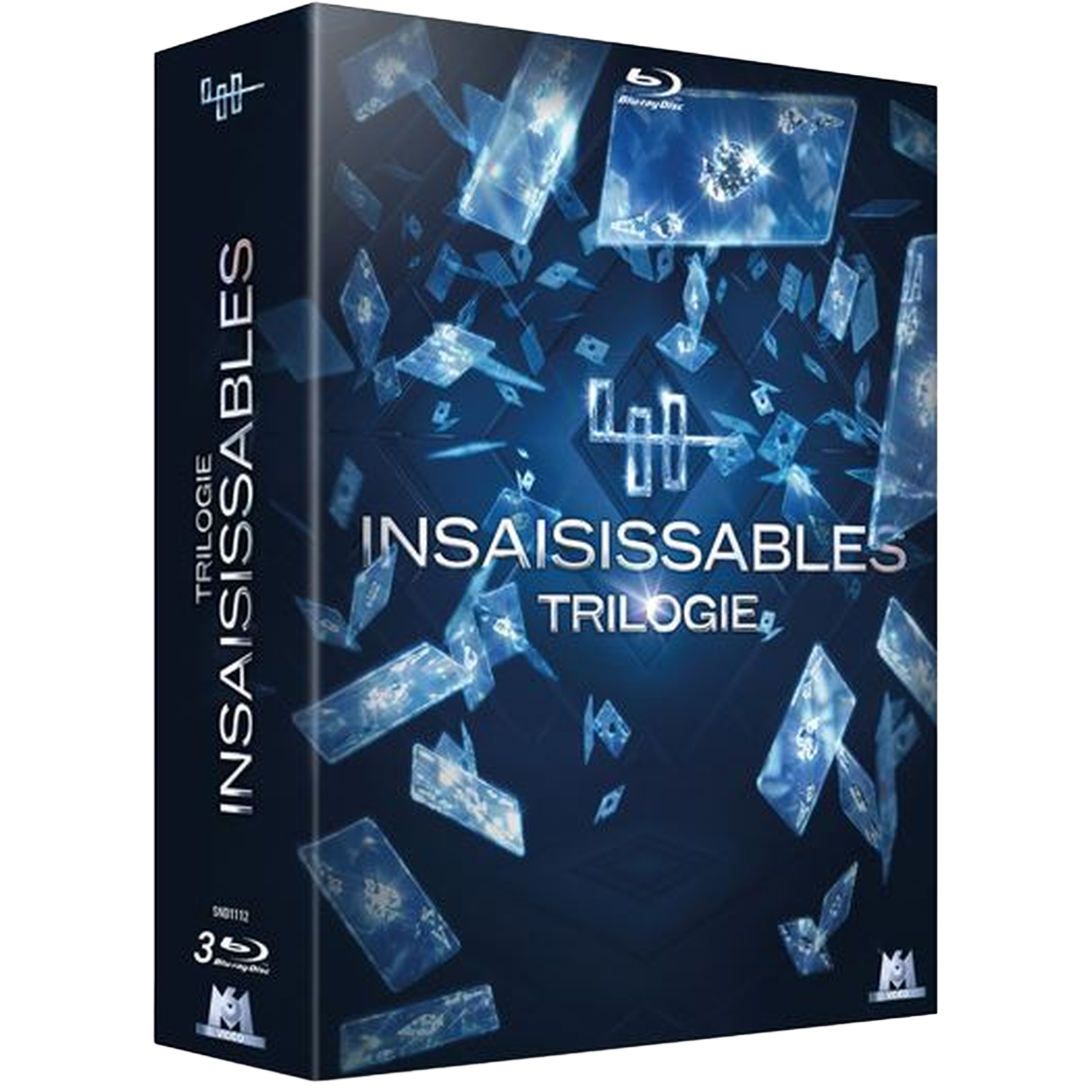 Blu-ray boxset getiteld 'Insaisissables Trilogie'. Blauwe, zwevende kaarten.