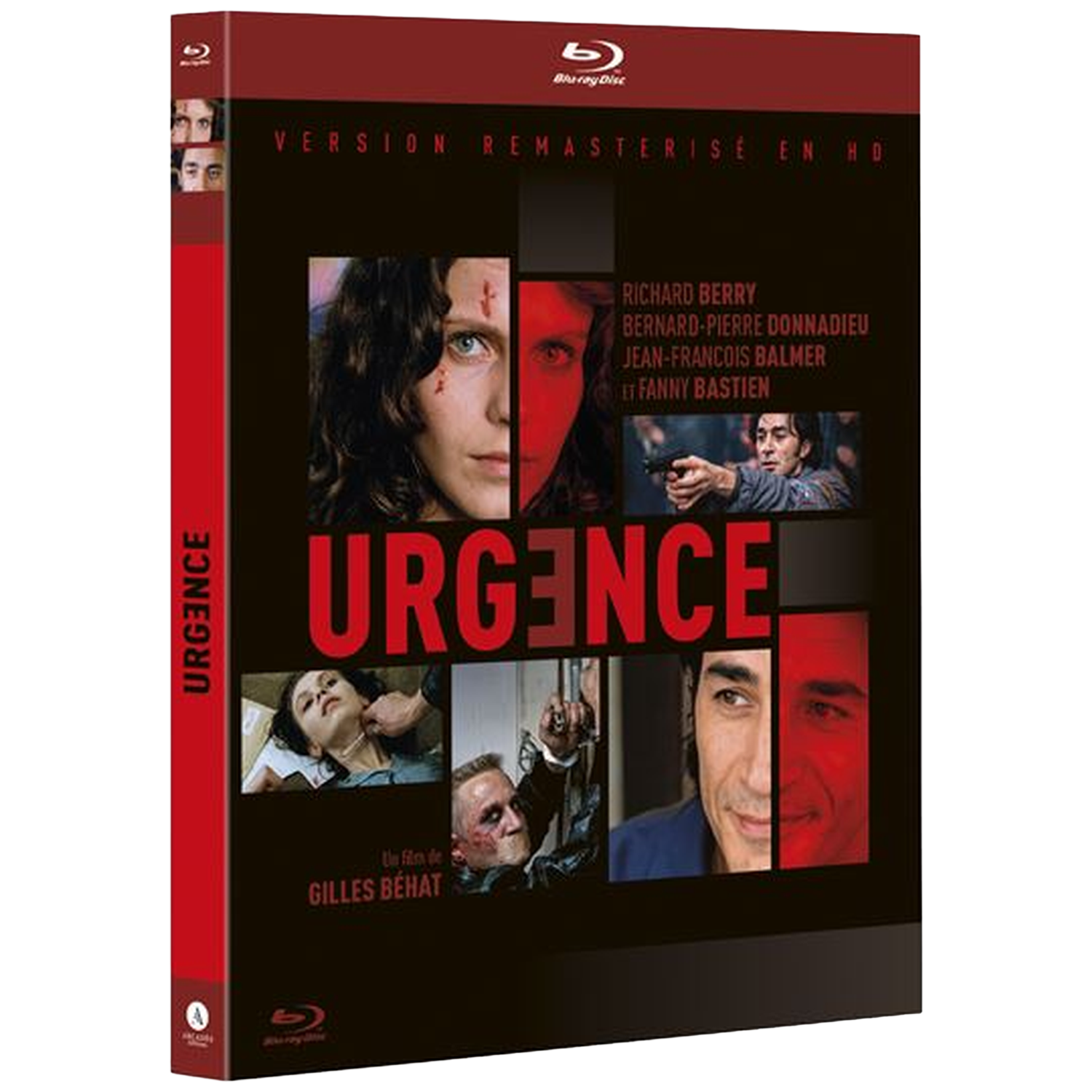 Blu-ray hoes voor de film URGENCE, met portretten van de cast en titel.