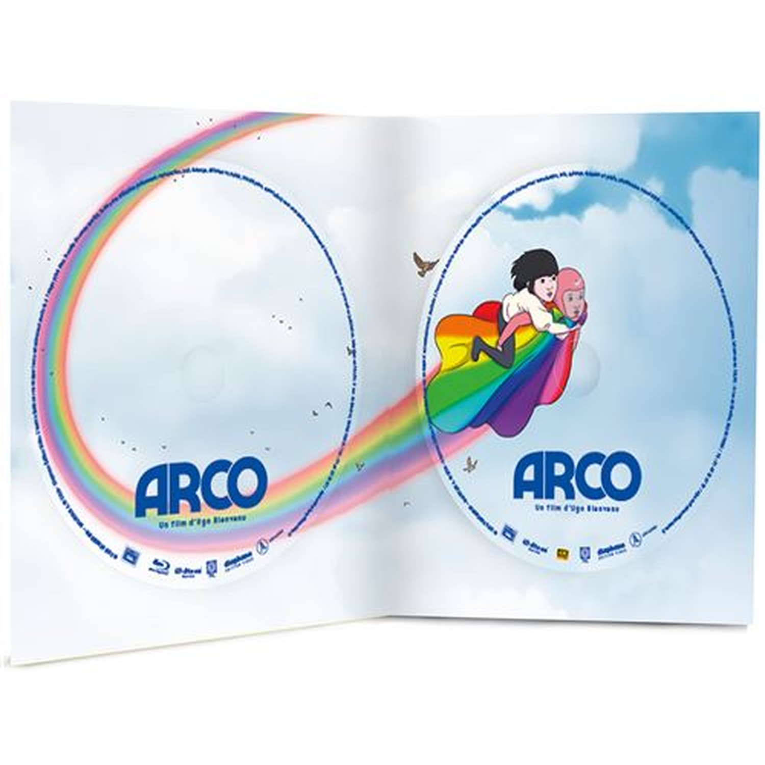Twee dvd's met regenboogmotief en vliegende figuren, wolken op de achtergrond.