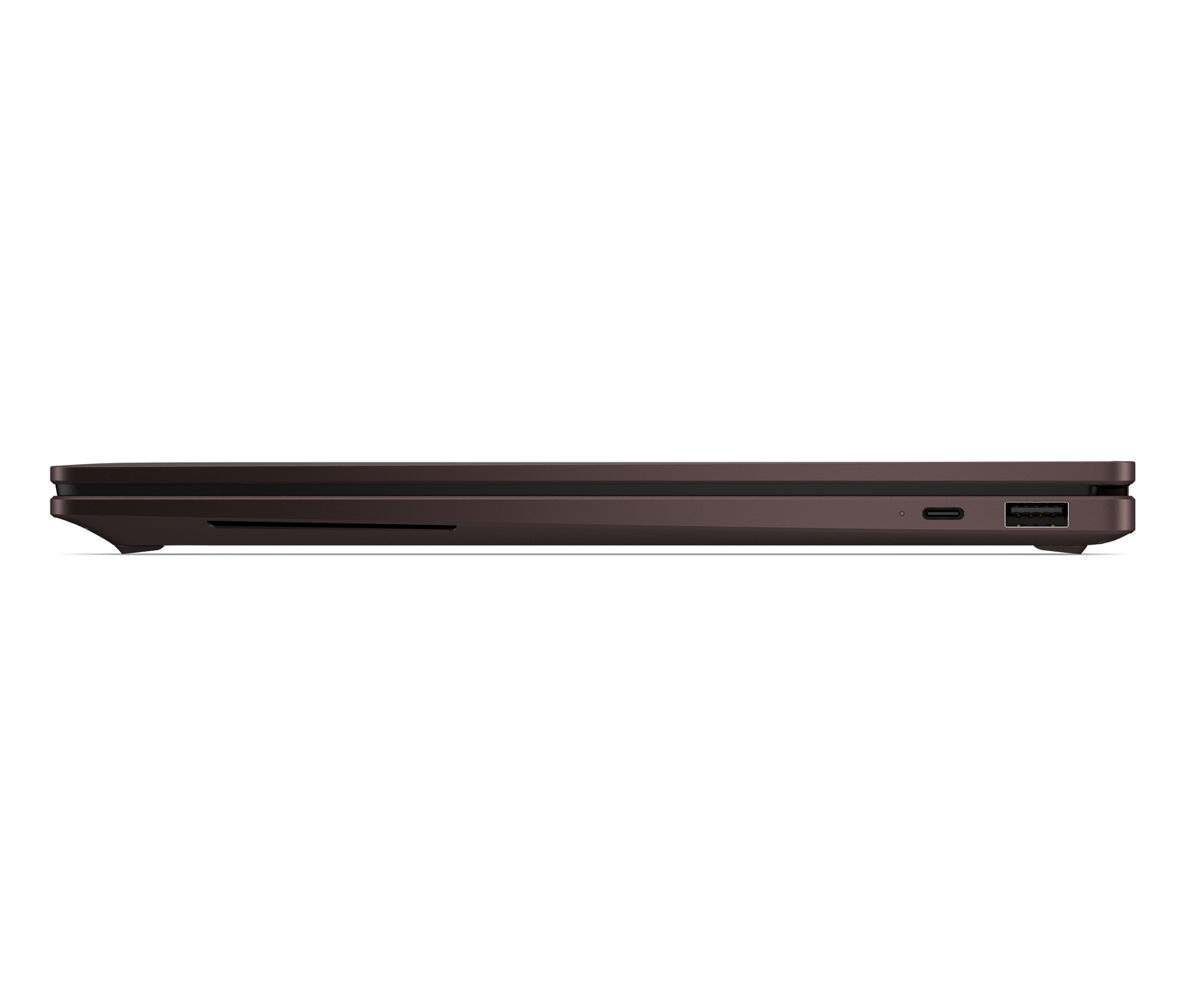 Perfil de portátil marrón cerrado con puertos USB-C y USB-A.