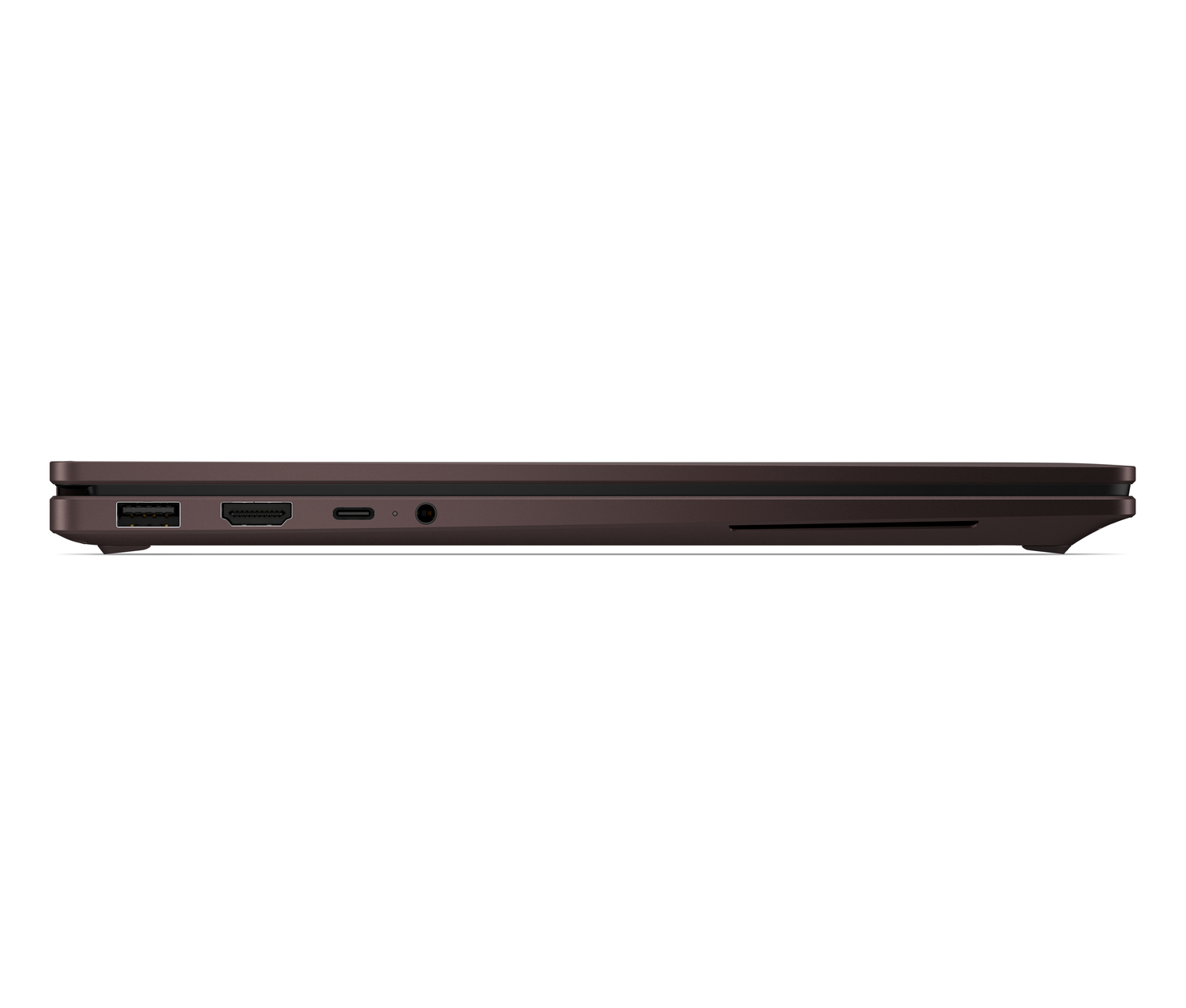 Vista lateral de un portátil marrón con puertos: USB, HDMI, USB-C, jack auriculares.
