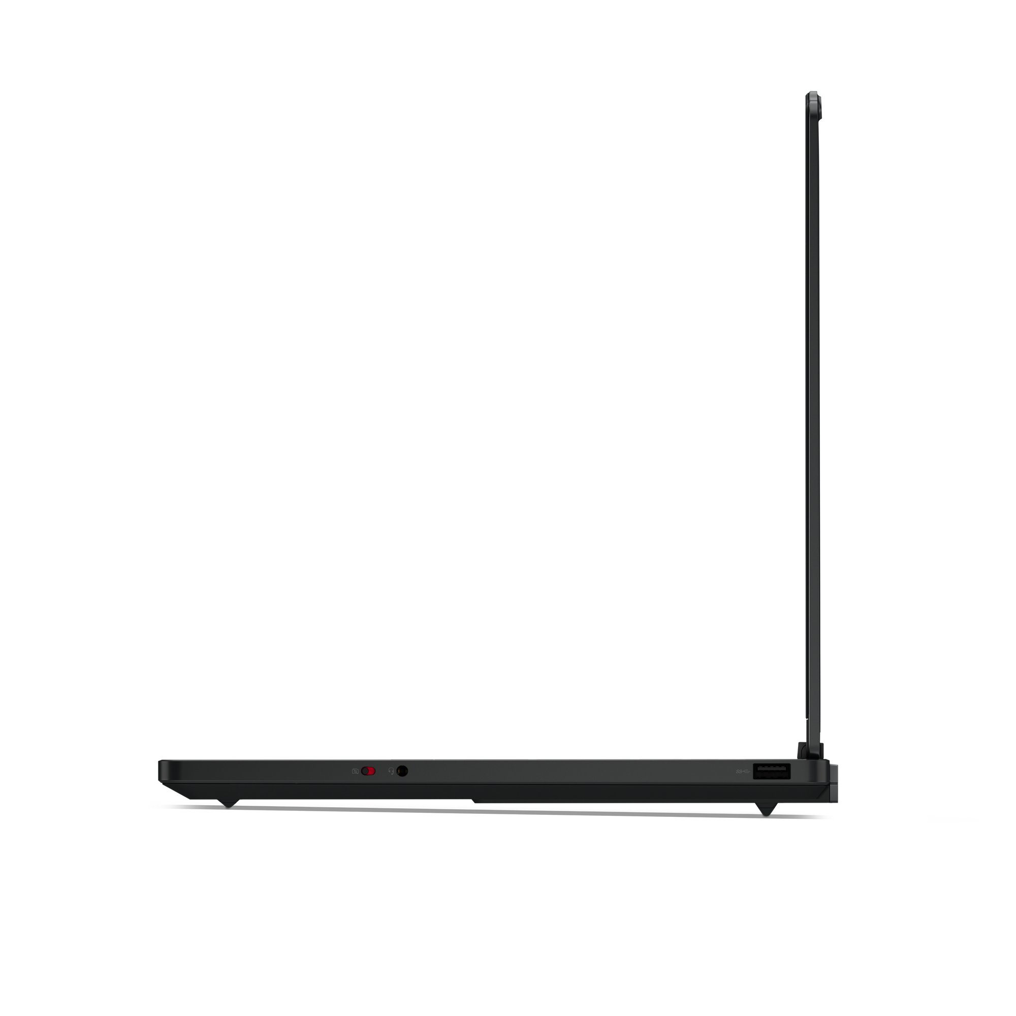 Black laptop in side profile, showing ports and cables.