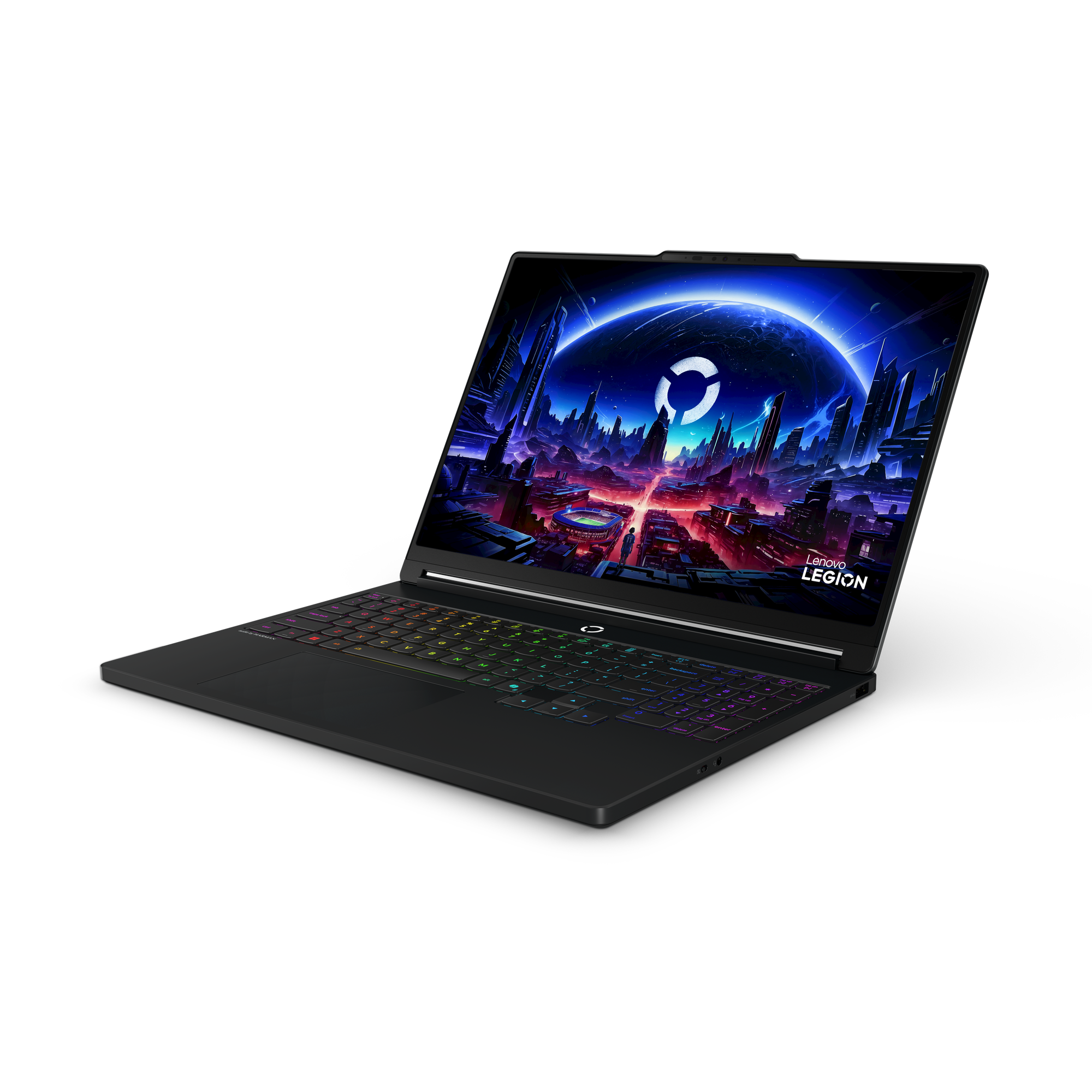 Black laptop with illuminated keyboard, featuring a futuristic city on screen.