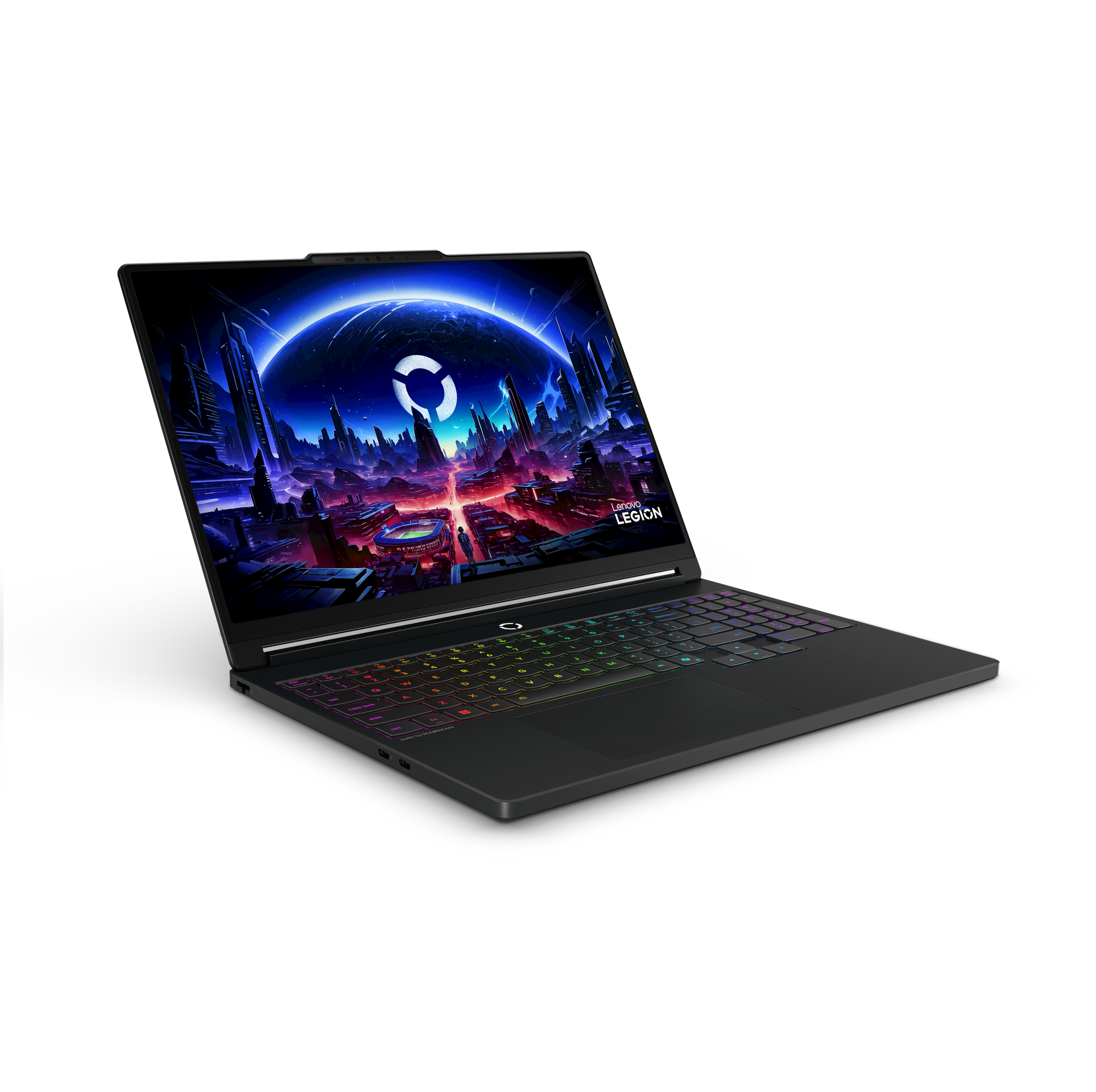 Black laptop with illuminated keyboard and futuristic wallpaper.