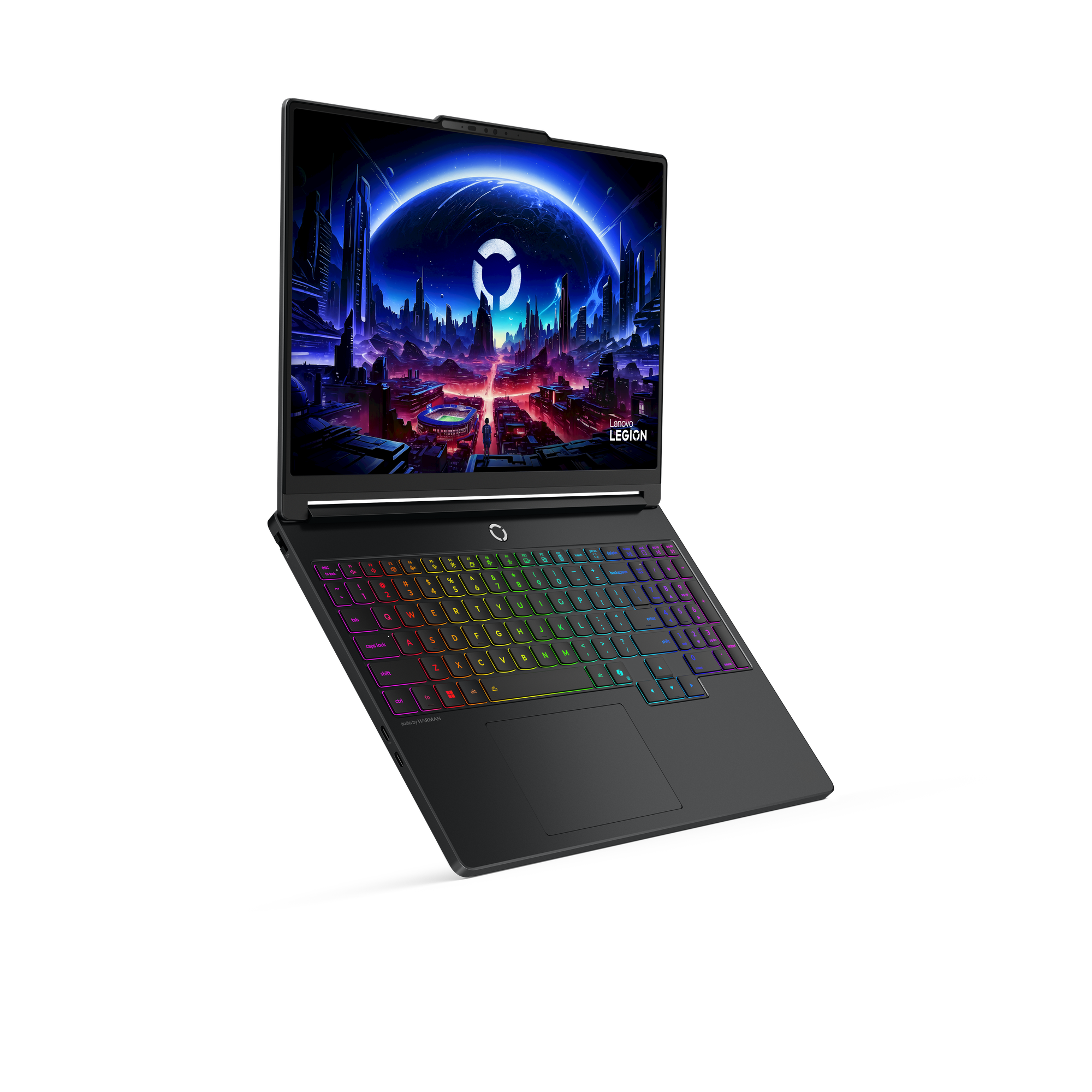 An open black laptop with a colorful backlit keyboard and a futuristic screensaver.