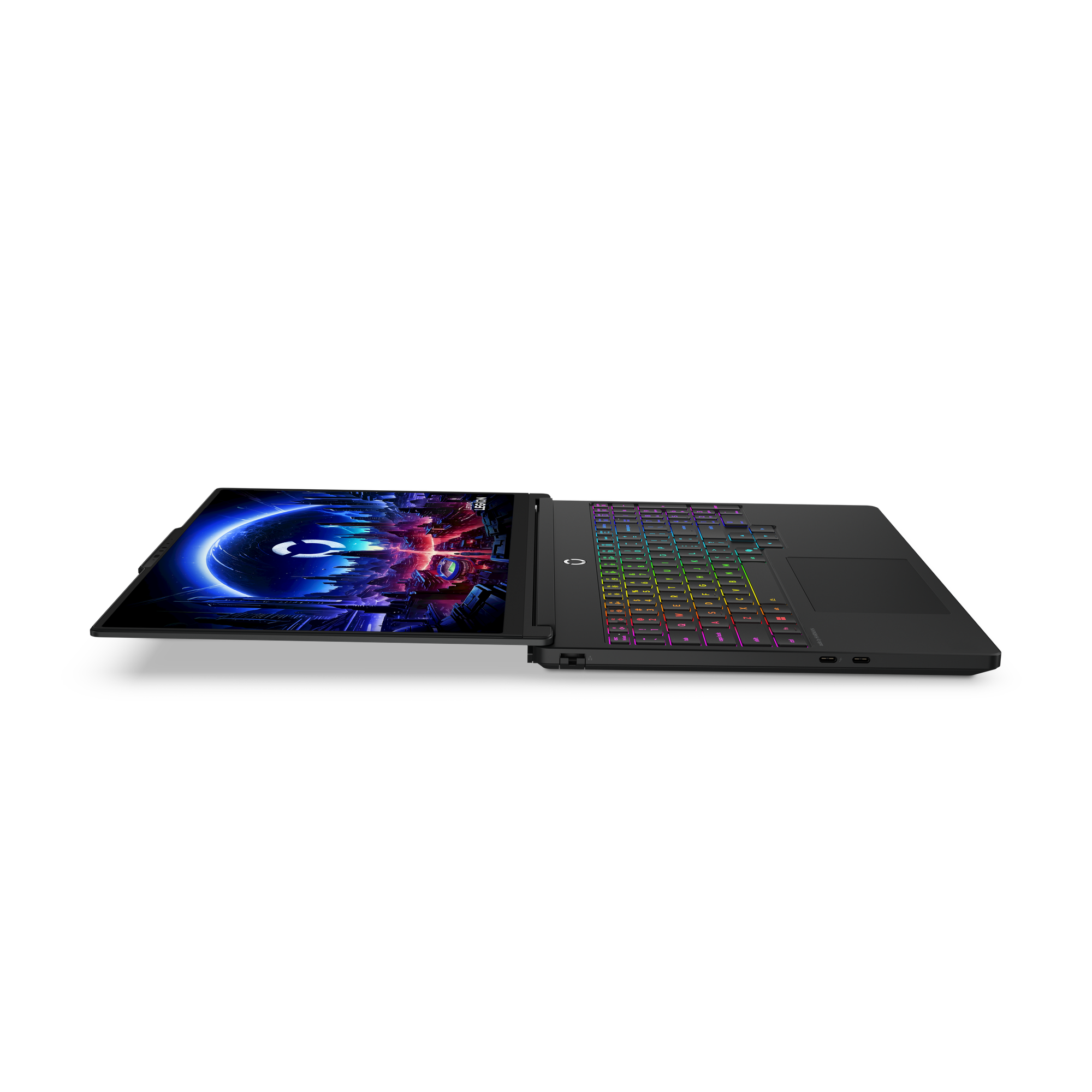 An open black laptop with colorful keyboard backlighting and a futuristic wallpaper.