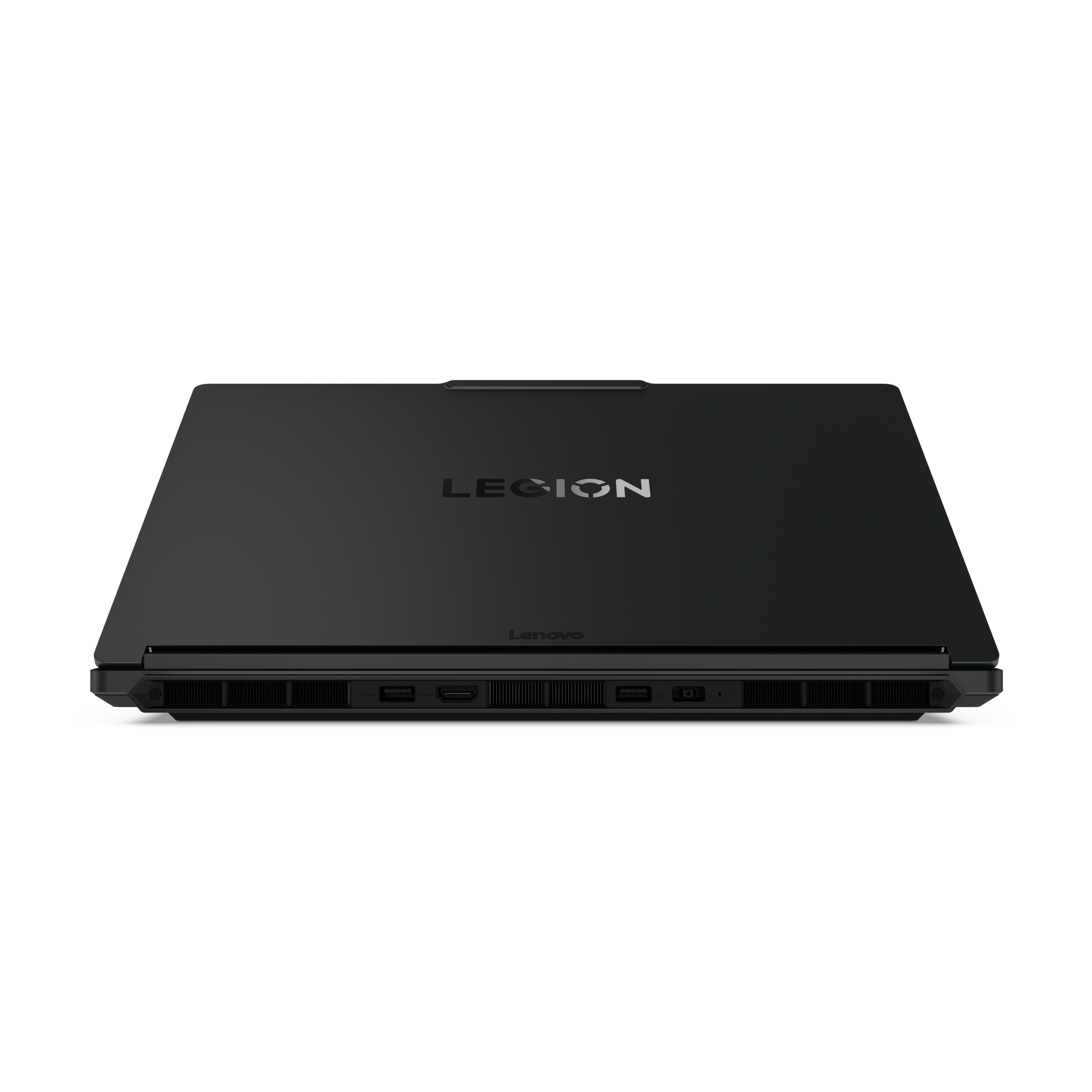 Black Lenovo Legion laptop with side vents and ports visible.