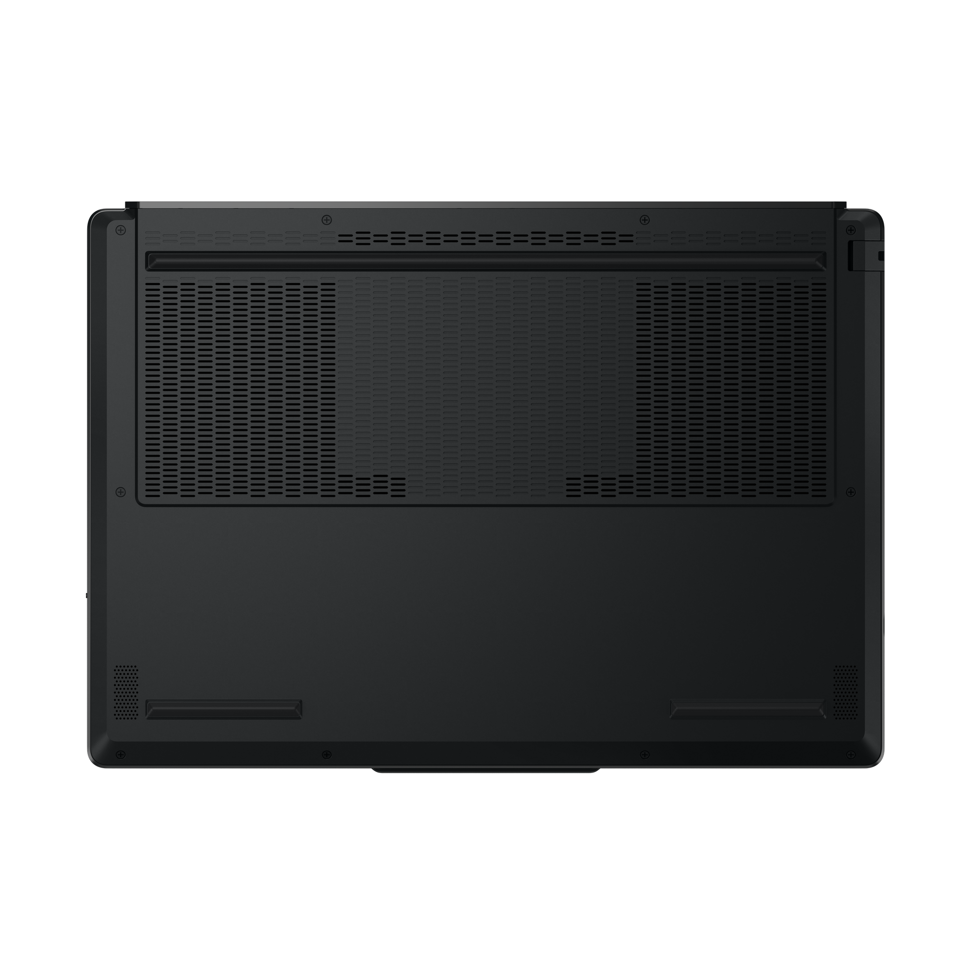 Underside of a black laptop showing vents and screw holes.
