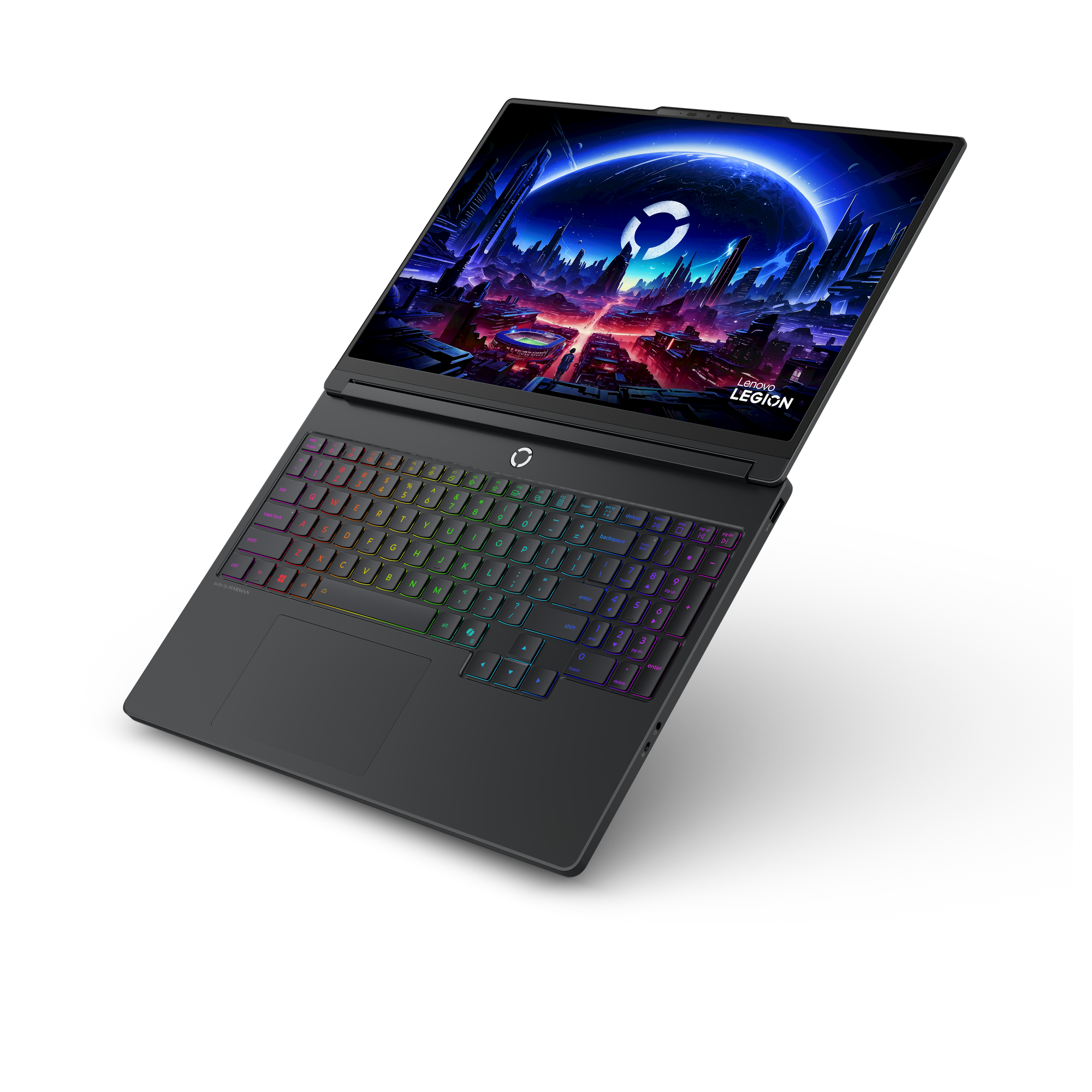An open laptop with a lit keyboard and futuristic graphics displayed on the screen.