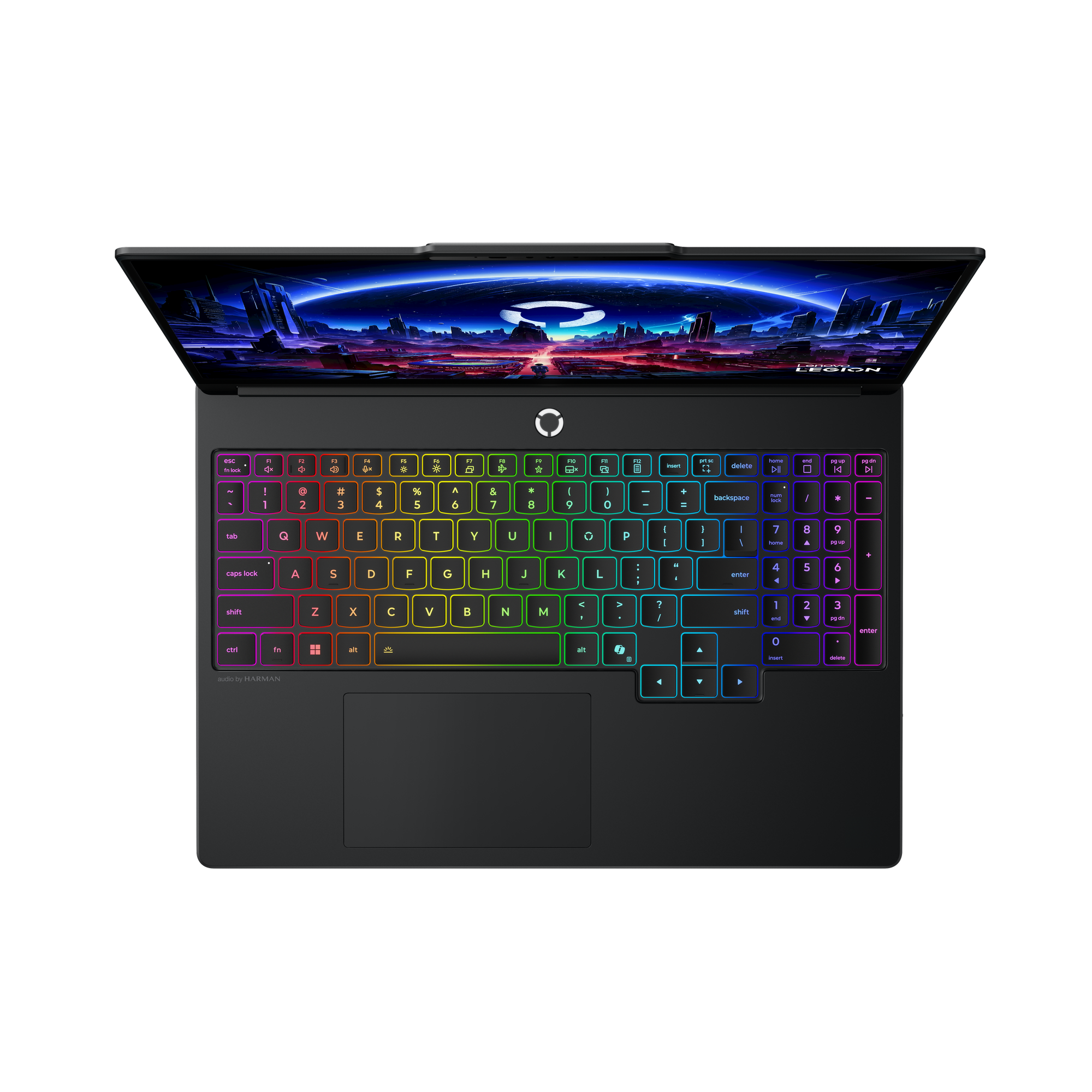 An open laptop with a backlit keyboard and a futuristic wallpaper.