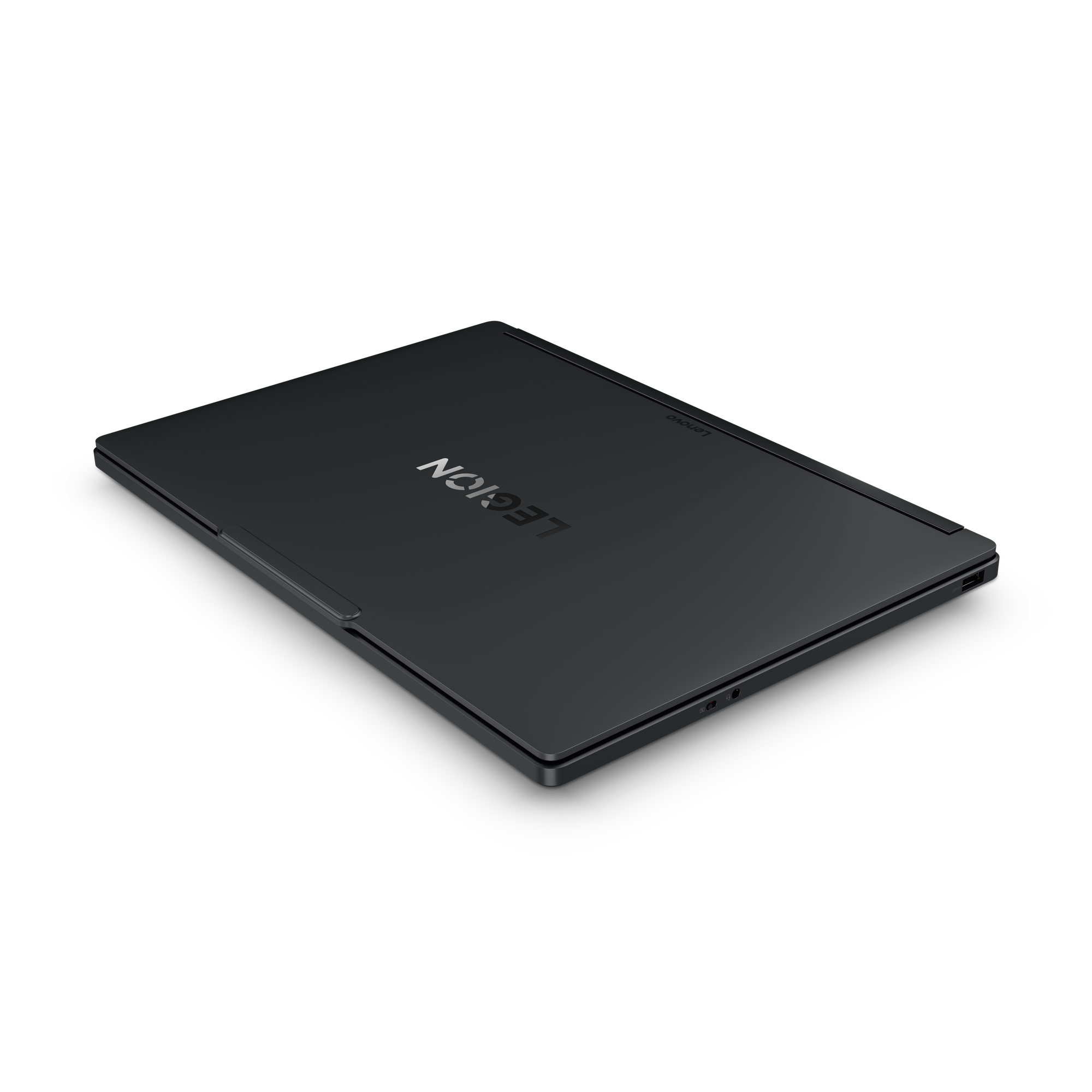 Closed black Lenovo Legion laptop with logo on the lid.