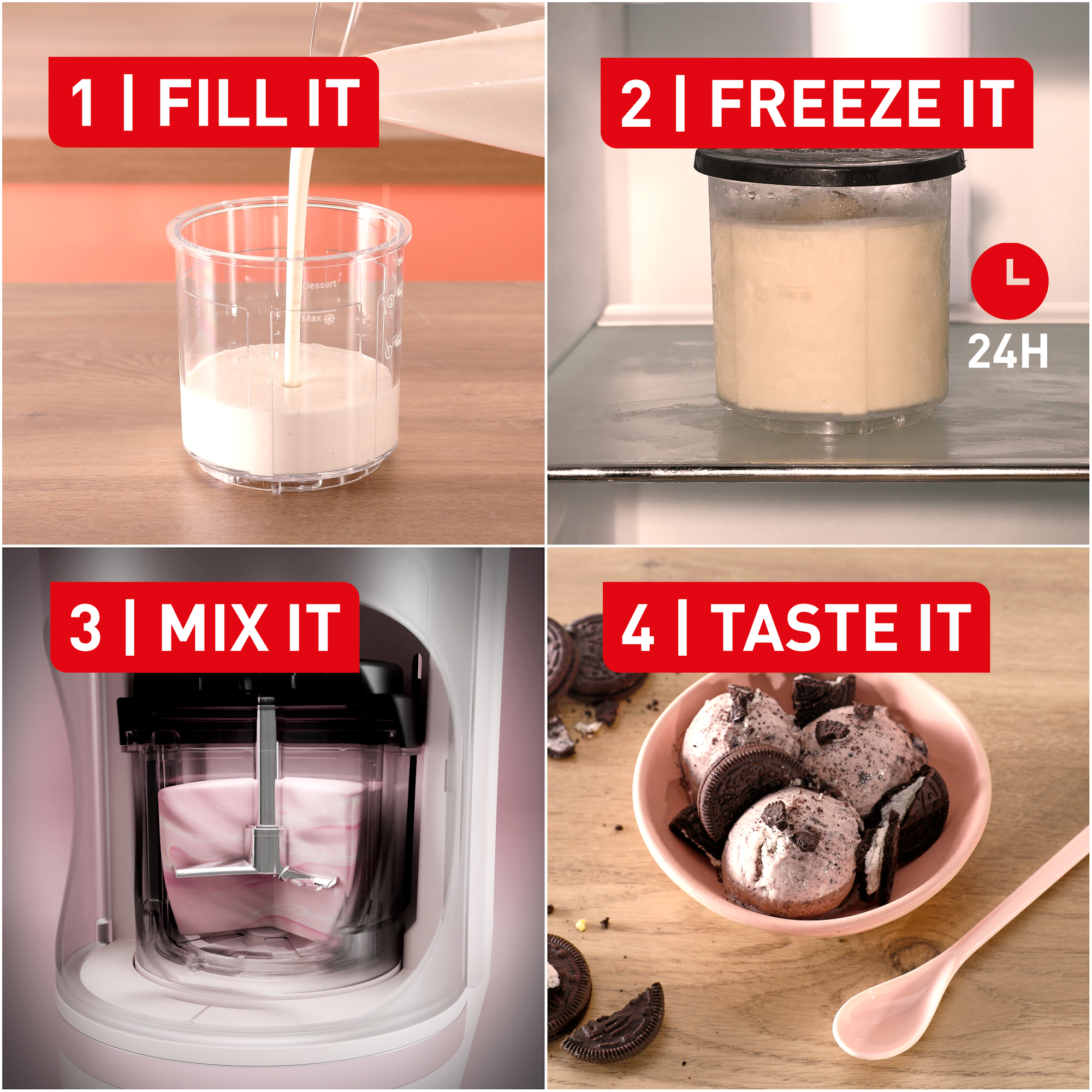 Schritt-für-Schritt-Anleitung zur Eisherstellung: Füllen, Einfrieren, Mixen, Probieren.