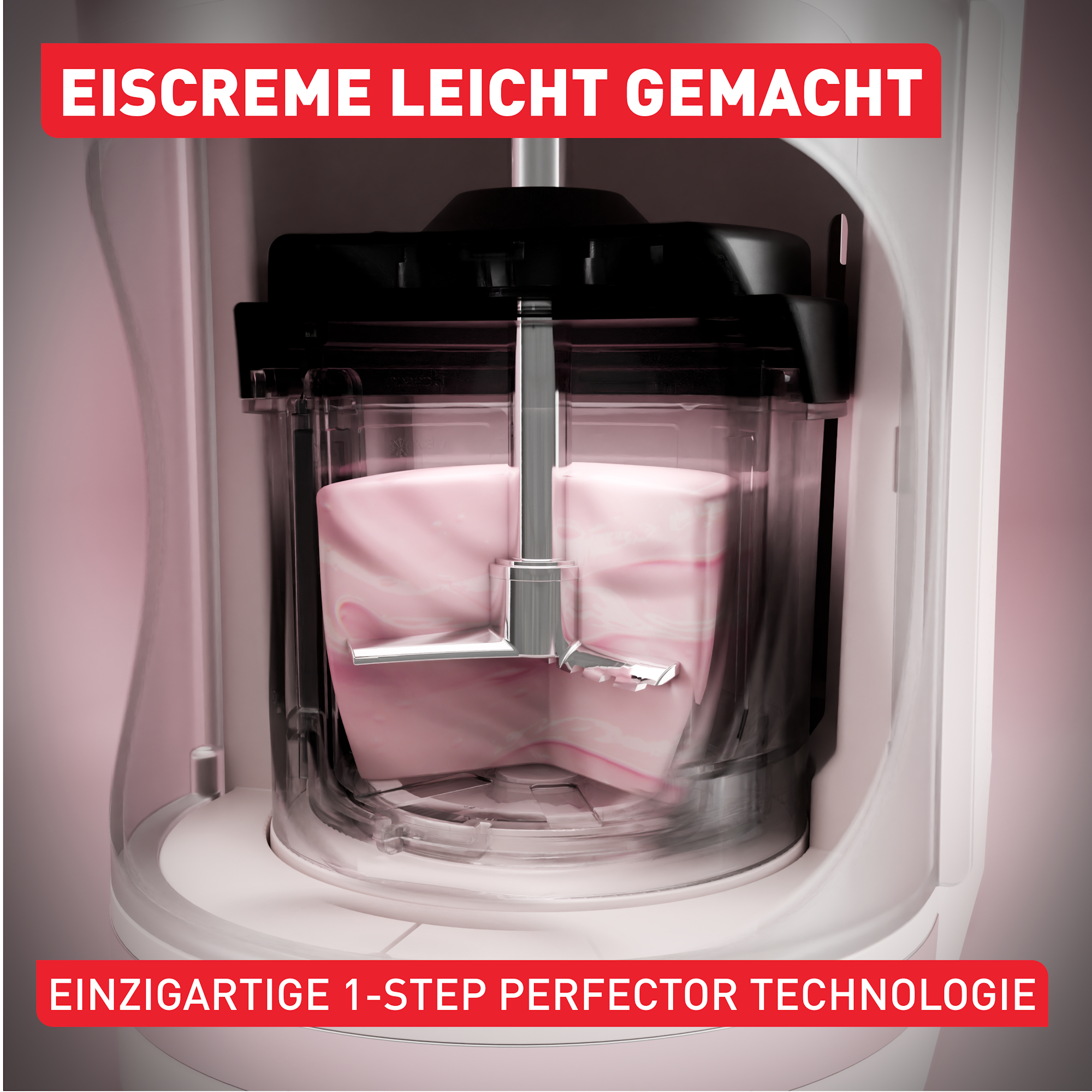 Eismaschine mit rosa Eis und Rührwerk. Text: Eiscreme leicht gemacht.
