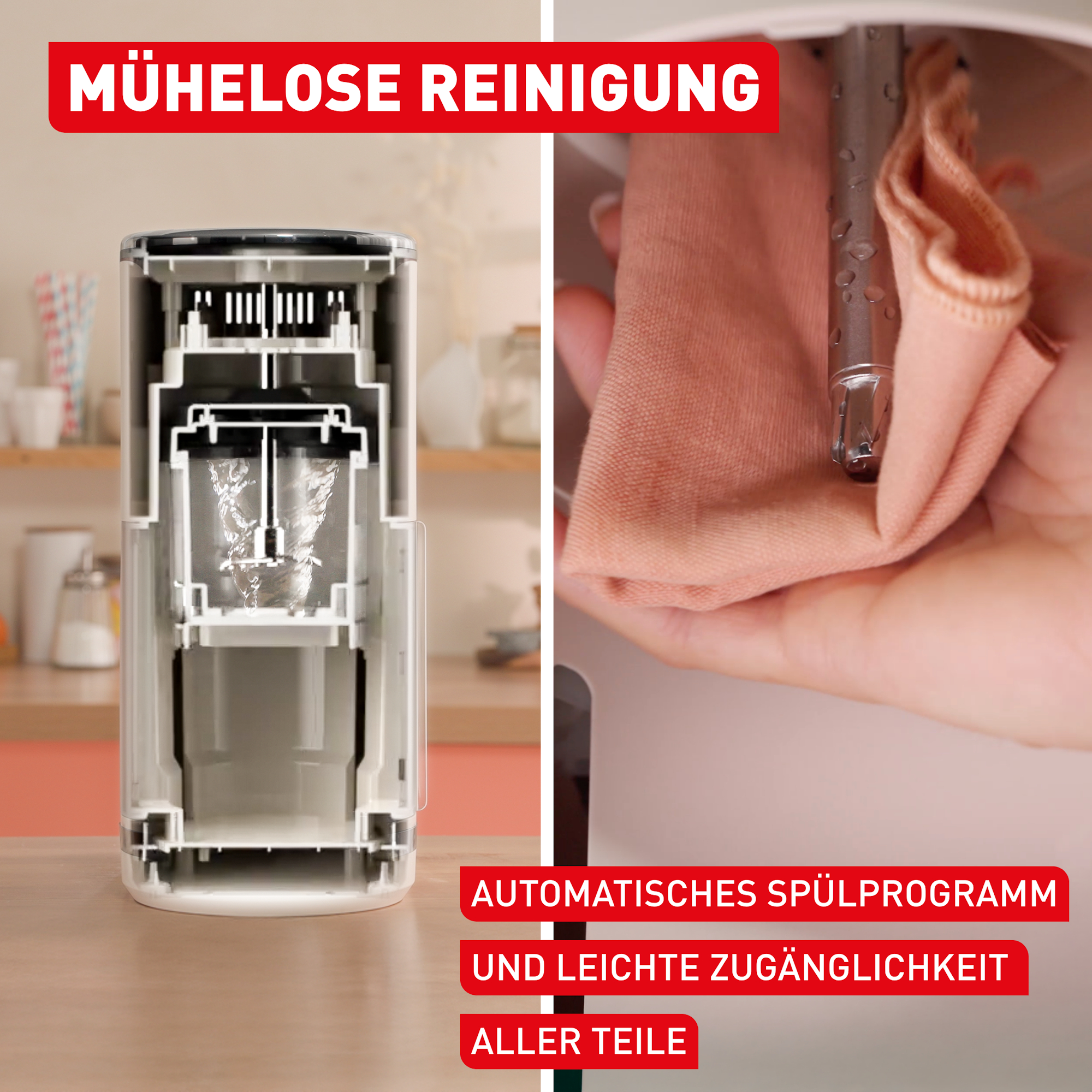 Gerät im Schnitt und Hand mit Lappen. Spülprogramm und leichte Zugänglichkeit.