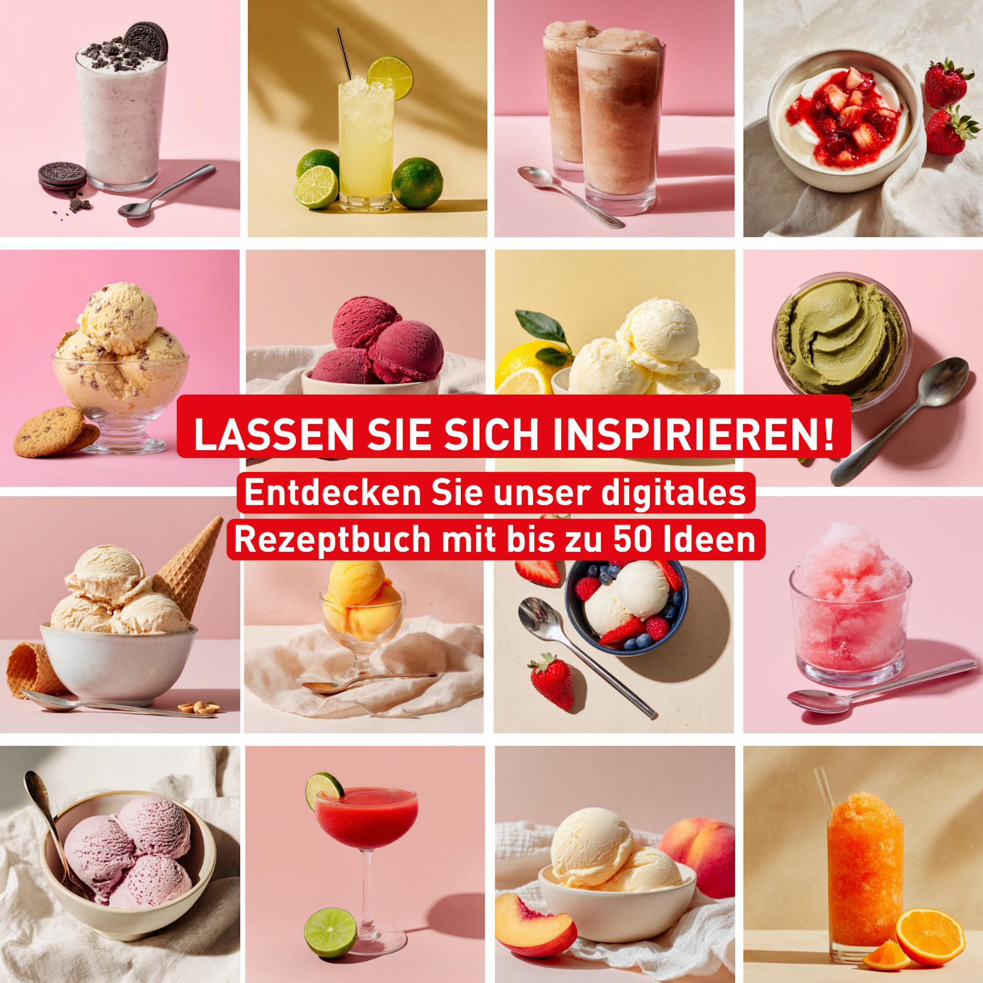 Collage mit verschiedenen Eisdesserts, Getränken und Früchten.