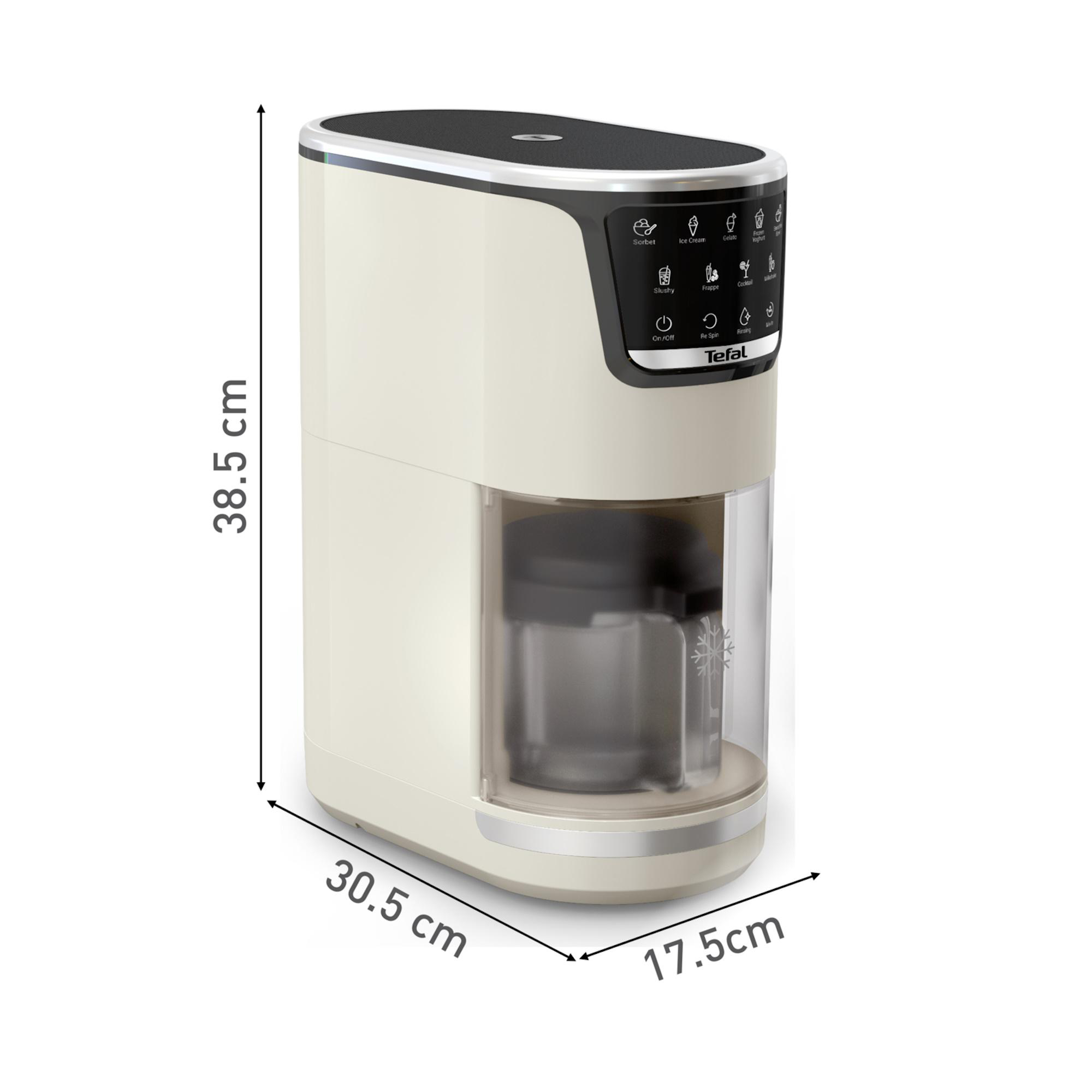 Beige Tefal Eismaschine mit Bedienfeld und transparentem Behälter. Maße: 38,5x30,5x17,5 cm.