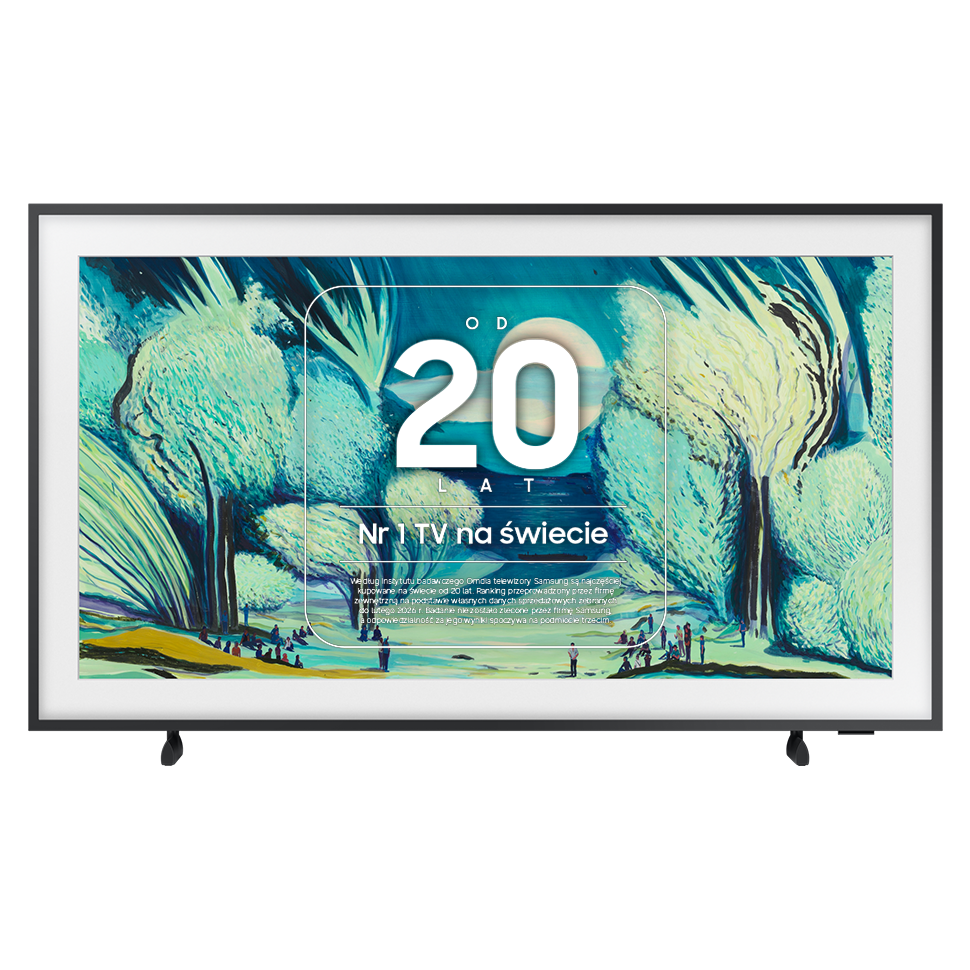 Ekran TV z grafiką drzew i ludzi, tekst "20 Lat Nr 1 TV na świecie".