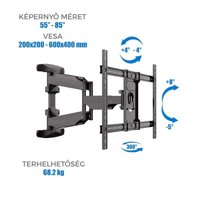Fekete TV fali tartó 55-85 hüvelykes TV-khez, VESA 200-600mm, 68.2kg teherbírás.