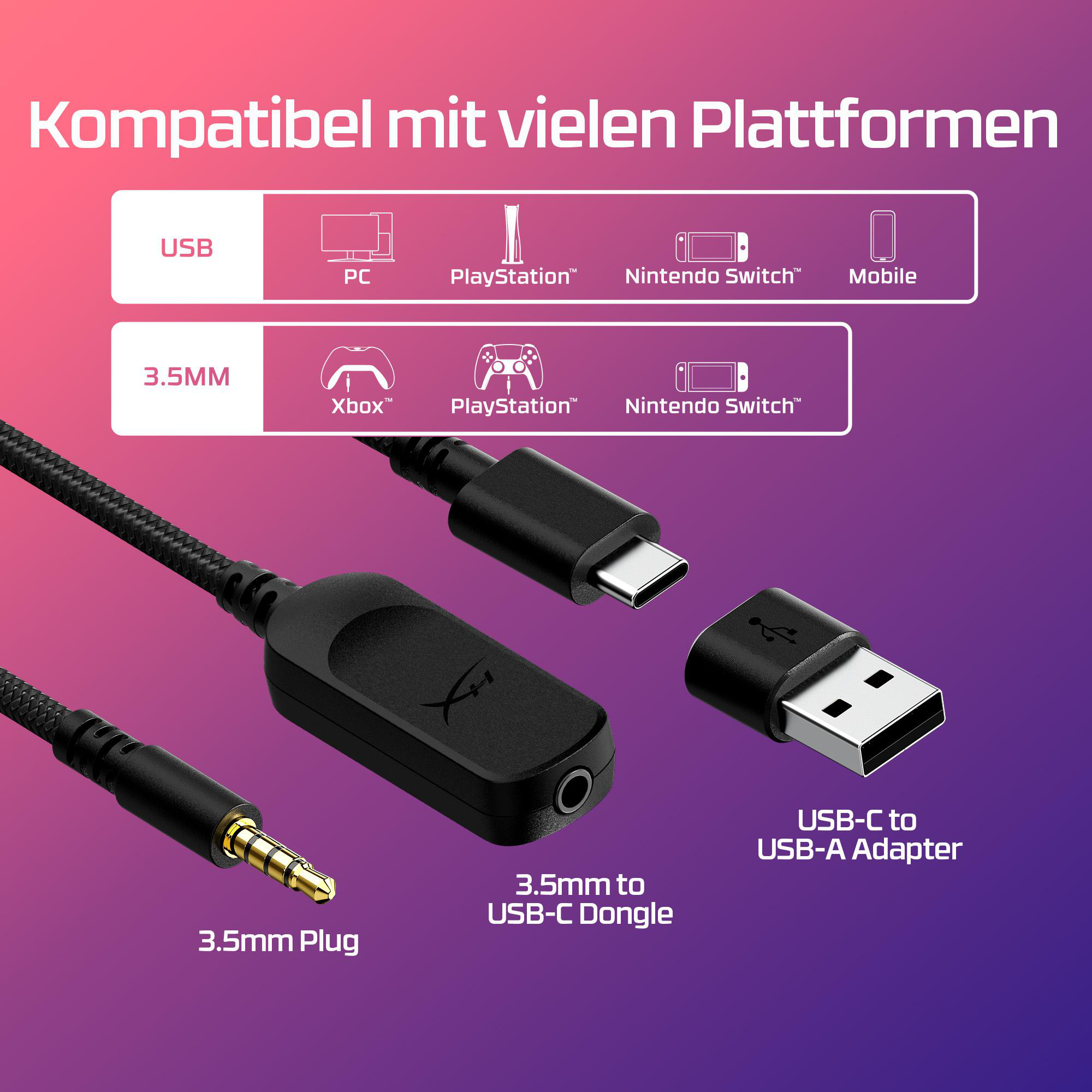 3,5-mm-Stecker, USB-C-Dongle und USB-A-Adapter für verschiedene Geräte.