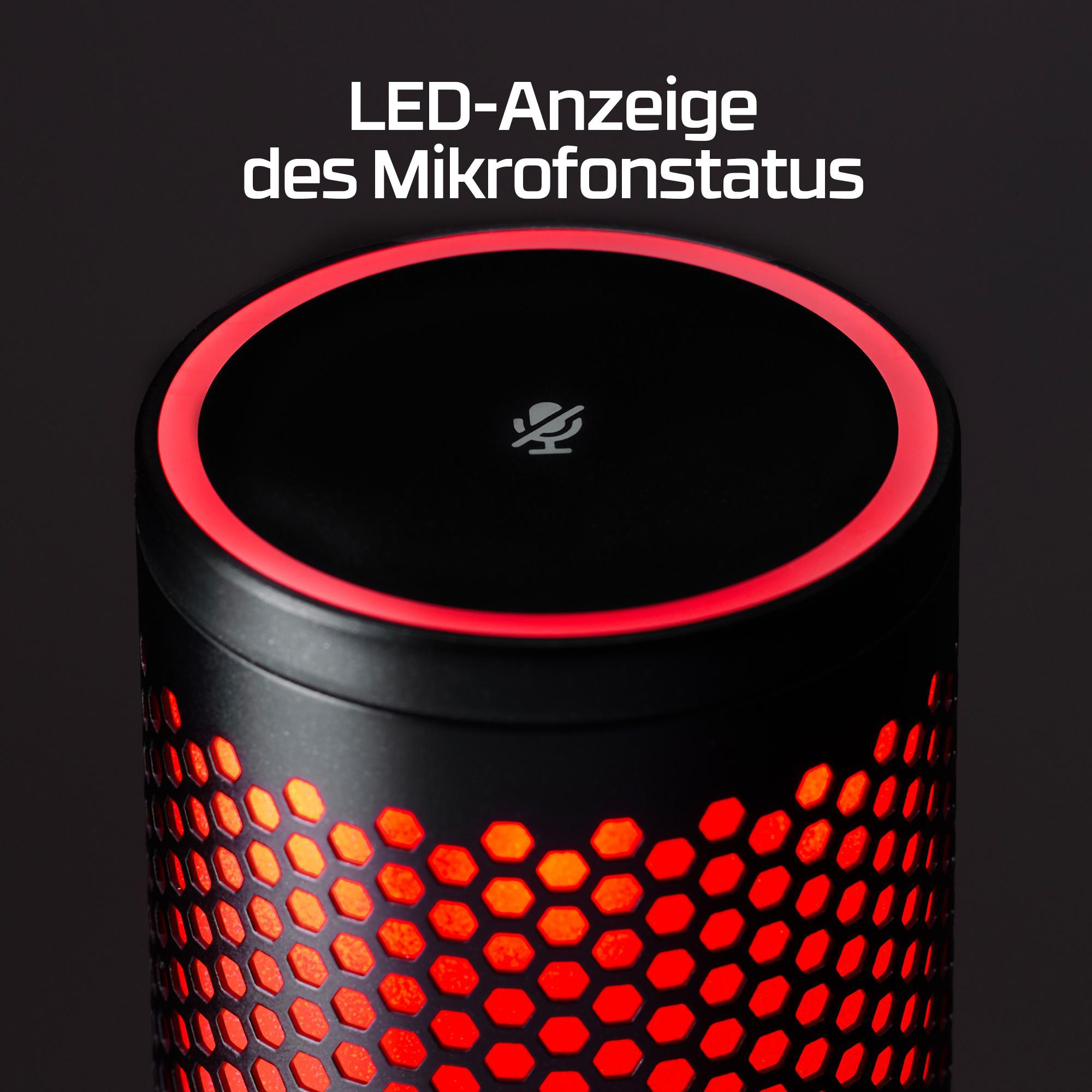Schwarzes Mikrofon mit rotem LED-Ring und Wabenmuster. Stummschaltungs-Symbol.