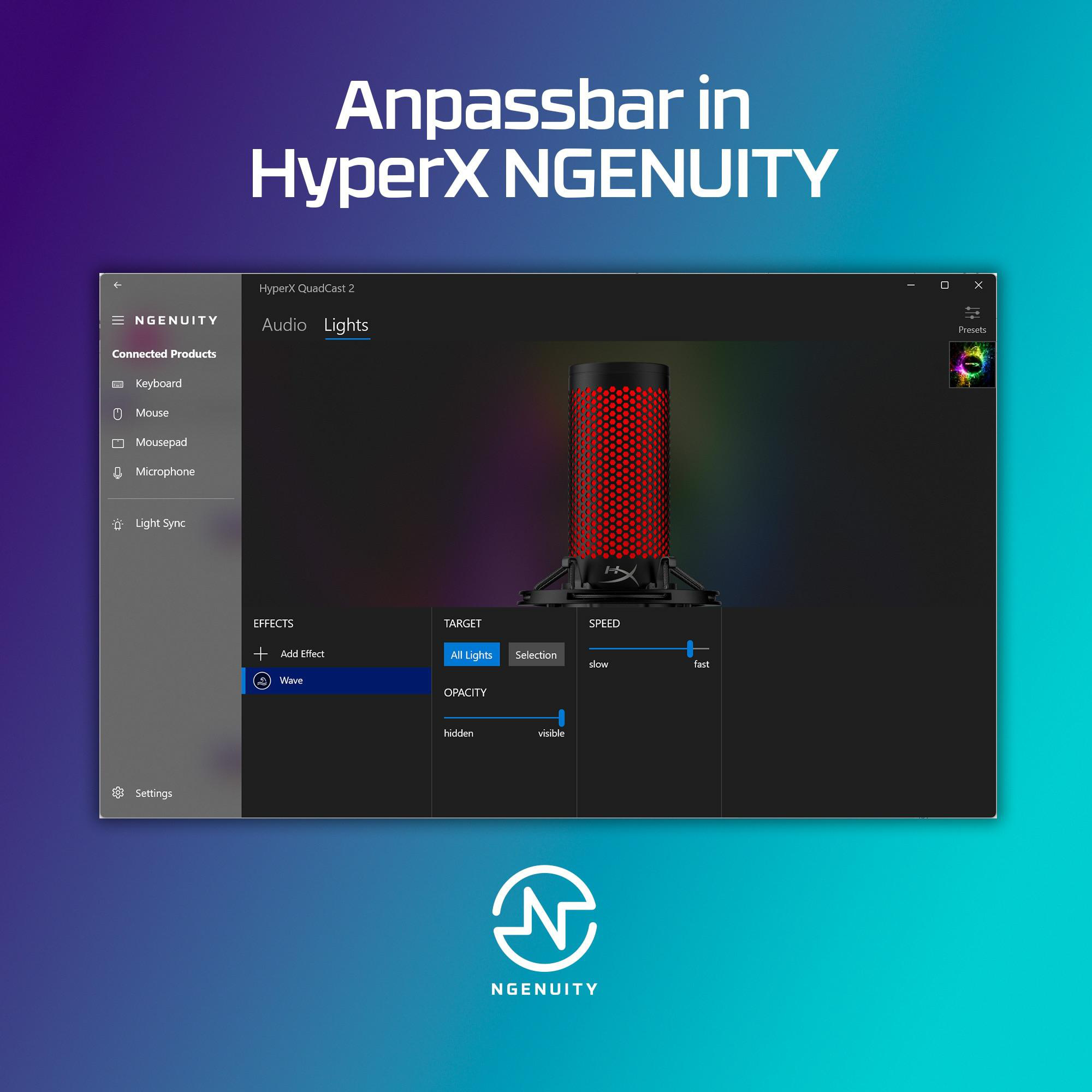 HyperX QuadCast 2 Mikrofon mit roten Lichtern und NGENUITY Software.