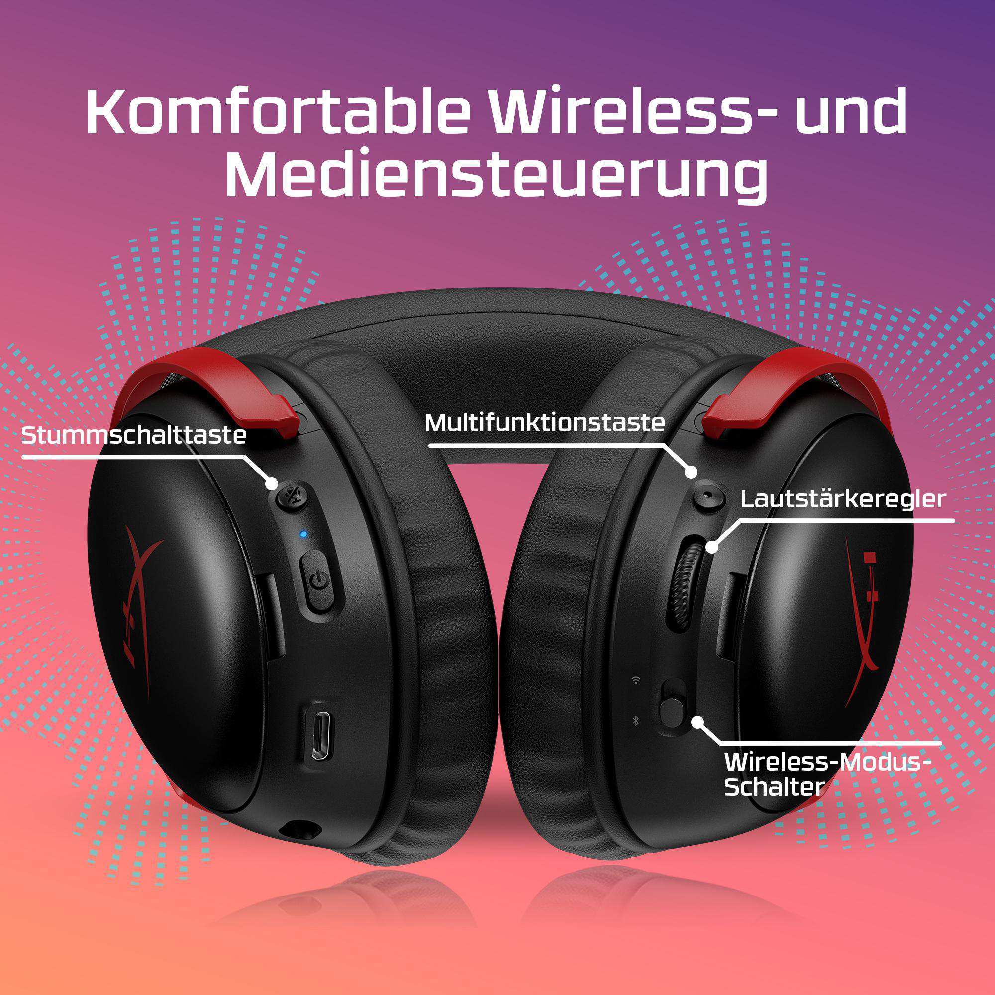 Schwarzer Kopfhörer mit roten Akzenten, Tasten und Lautstärkeregler.