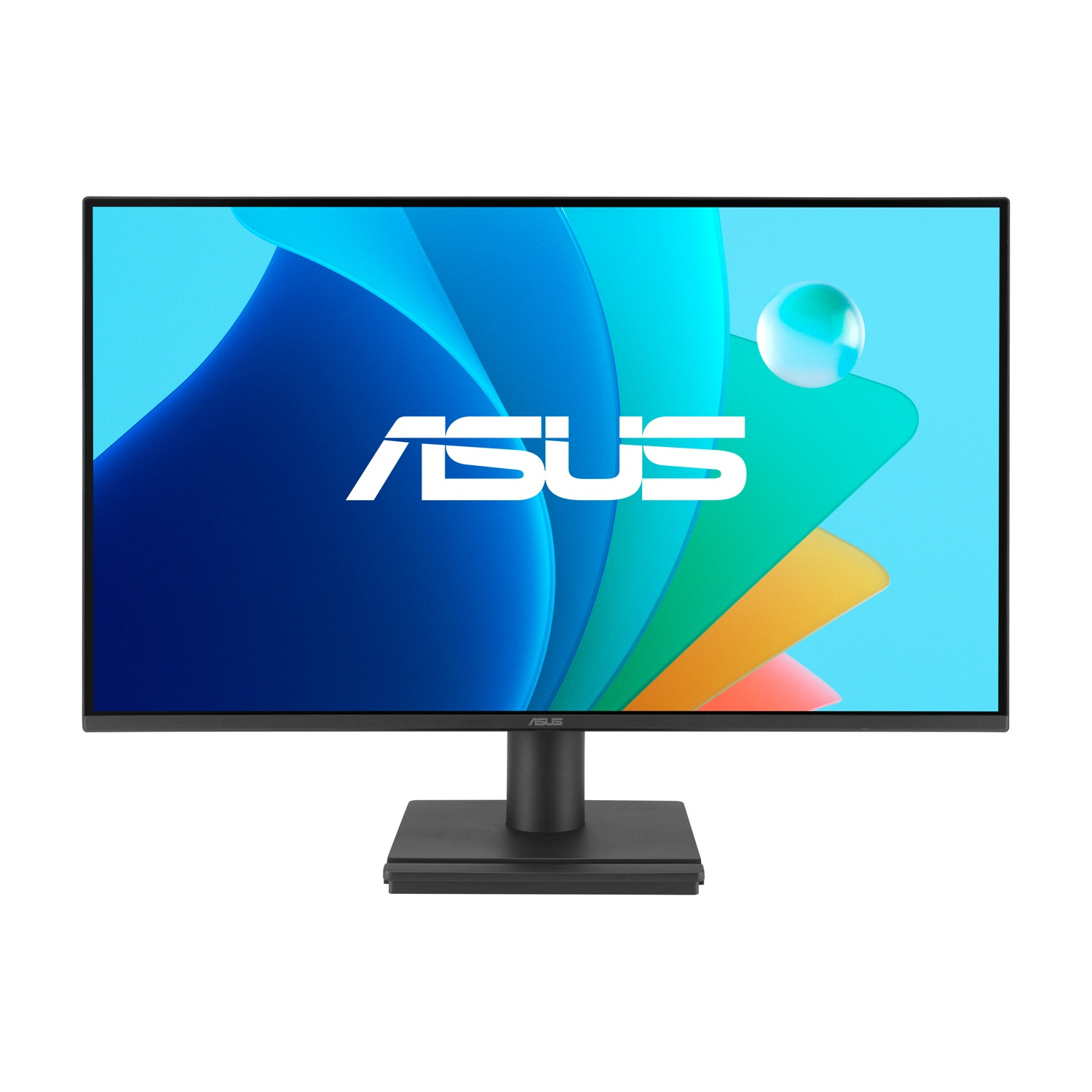 Un monitor Asus nero su supporto. Lo schermo mostra forme astratte blu e verdi con logo Asus.