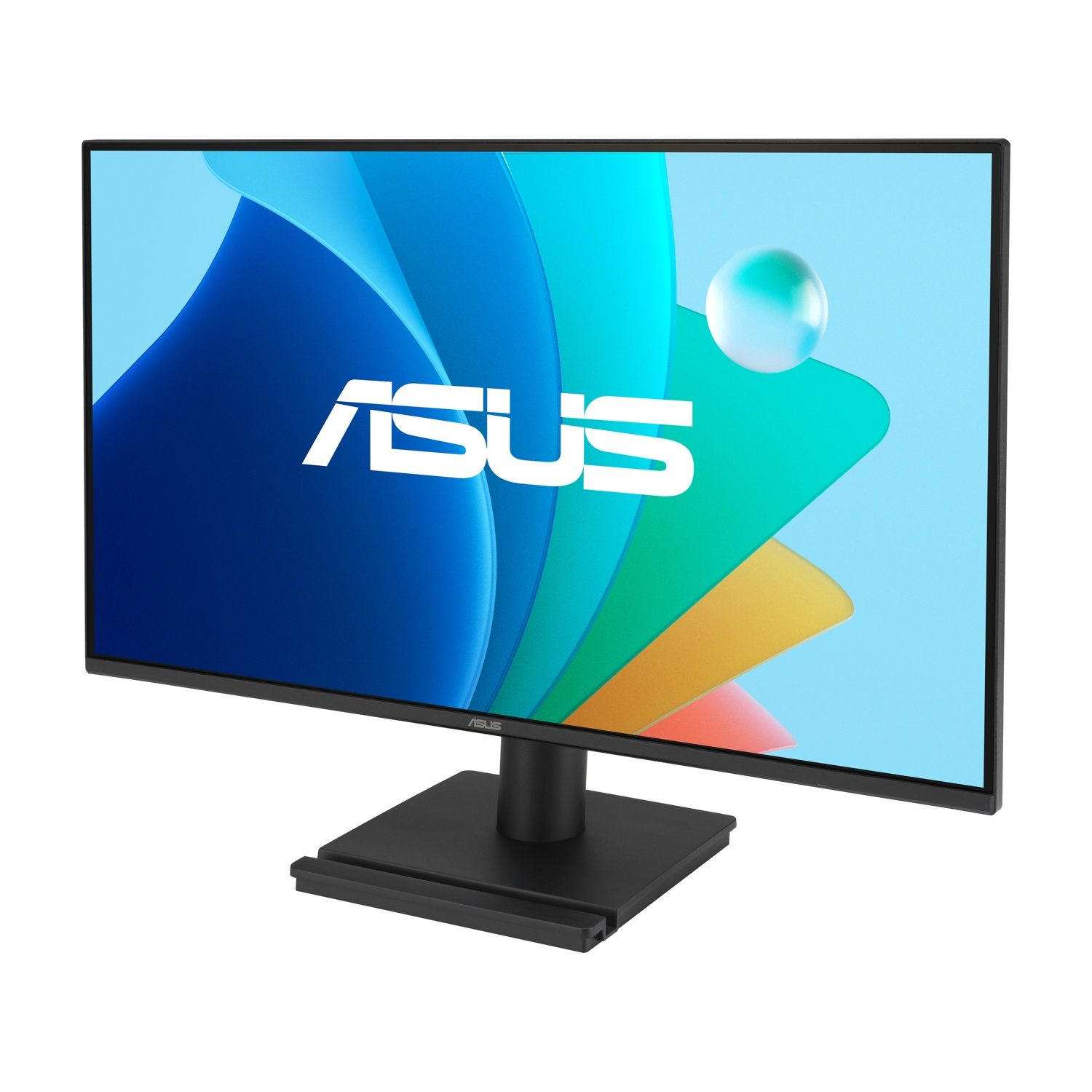 Un monitor ASUS nero mostra il logo ASUS su sfondo blu.