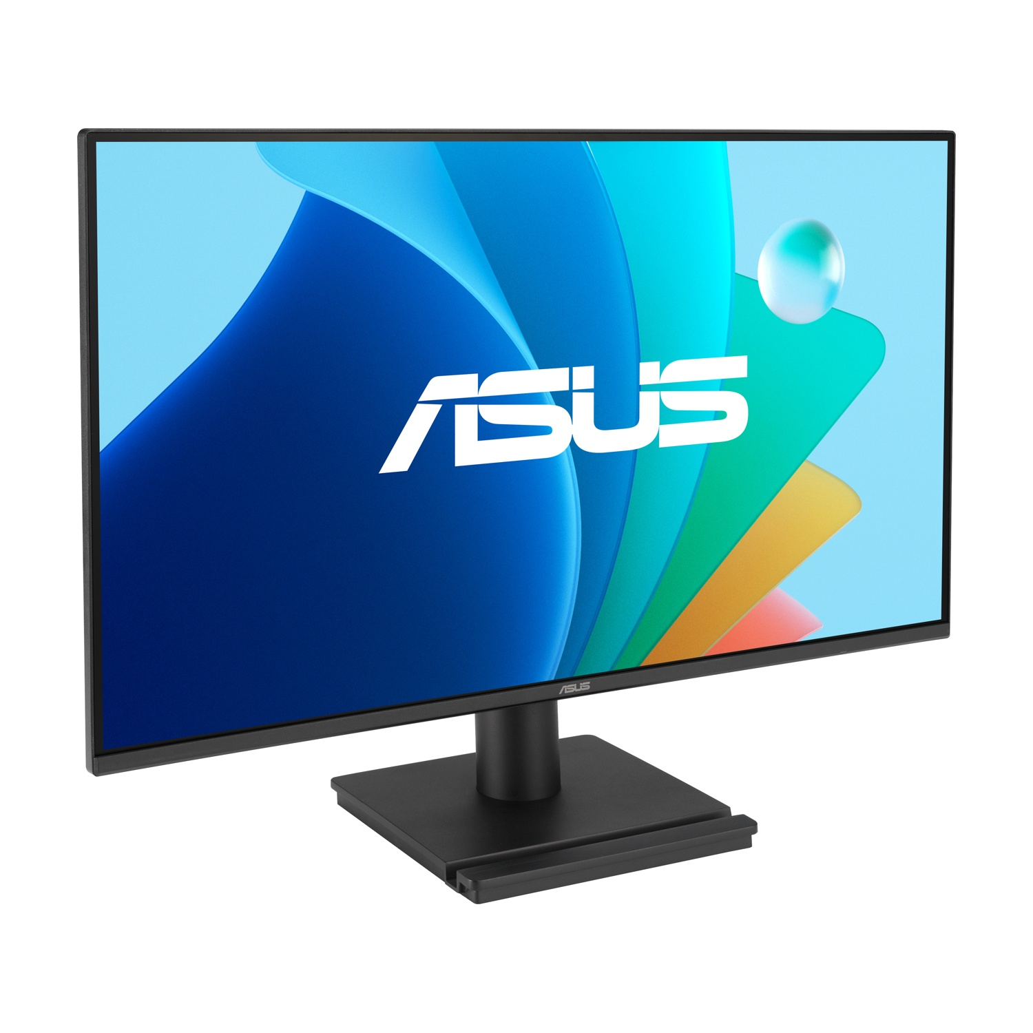 Un monitor ASUS nero mostra uno sfondo astratto colorato con il logo ASUS.