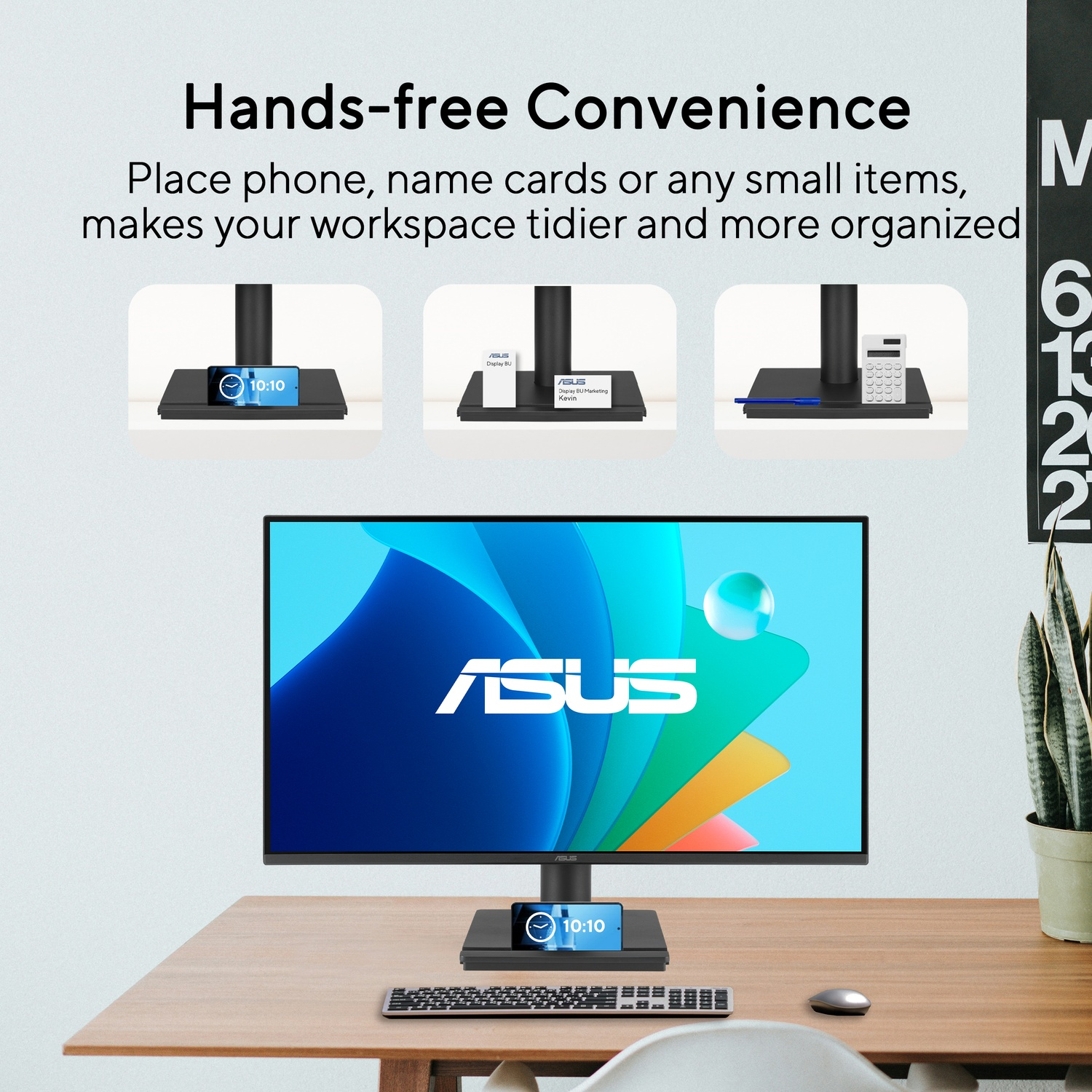Una scrivania con monitor, tastiera, mouse e supporto per telefono. Mantiene gli oggetti organizzati.