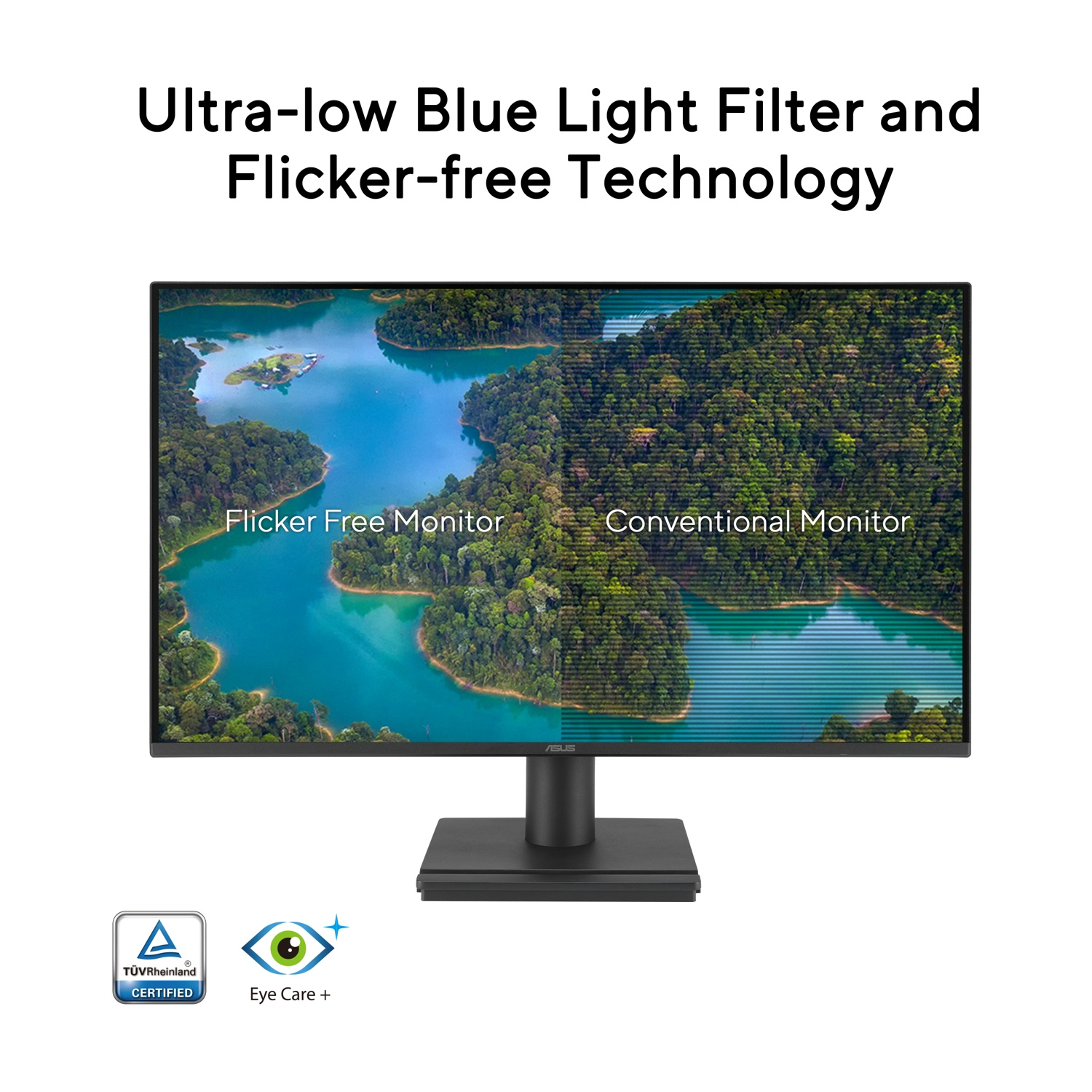 Monitor mostra due immagini: a sinistra un paesaggio con acqua blu, a destra con sfarfallio.
