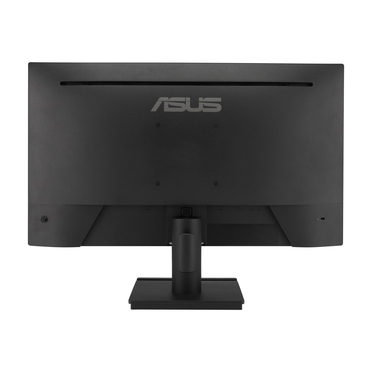 Vista posteriore di un monitor ASUS nero con porte e supporto. Sfondo pulito.