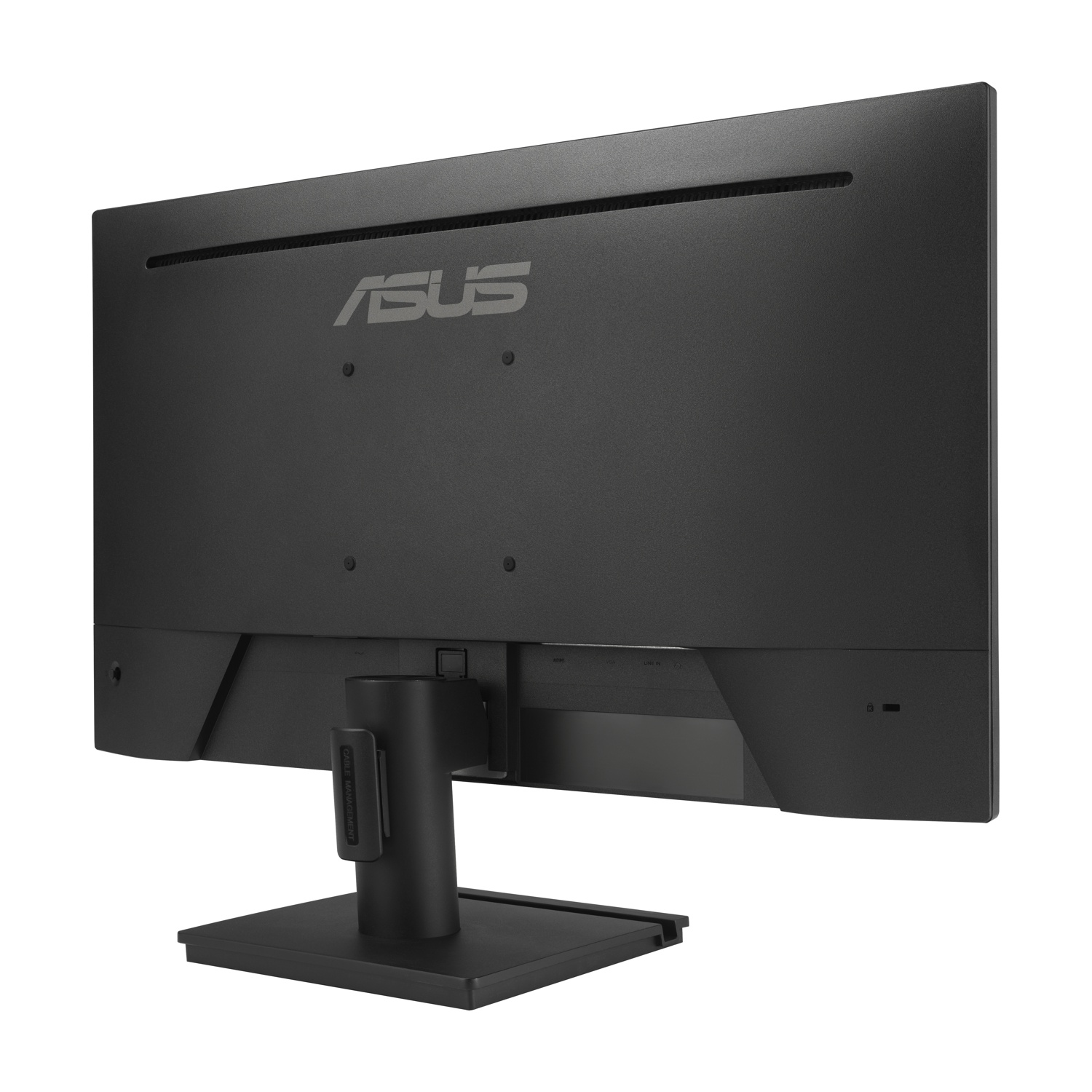 Vista posteriore di un monitor ASUS nero con supporto e clip per la gestione cavi.
