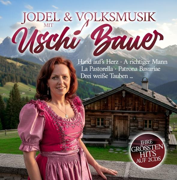 Frau in Tracht vor Bergkulisse mit Hütte und Text.