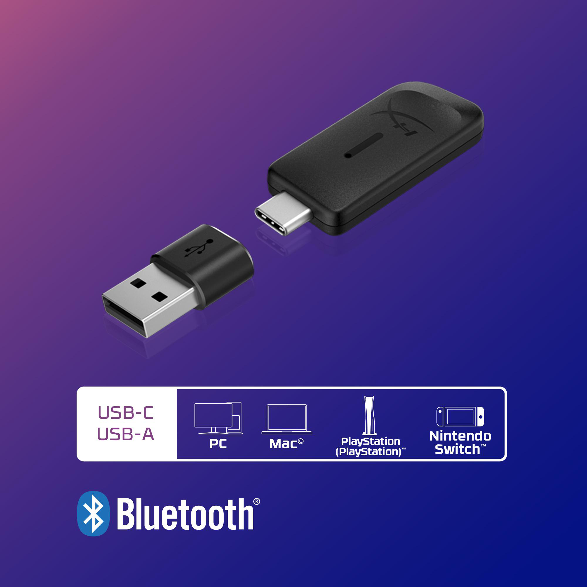Ein schwarzer USB-C-Adapter mit einem USB-A-Stecker daneben, vor einem violetten Hintergrund.