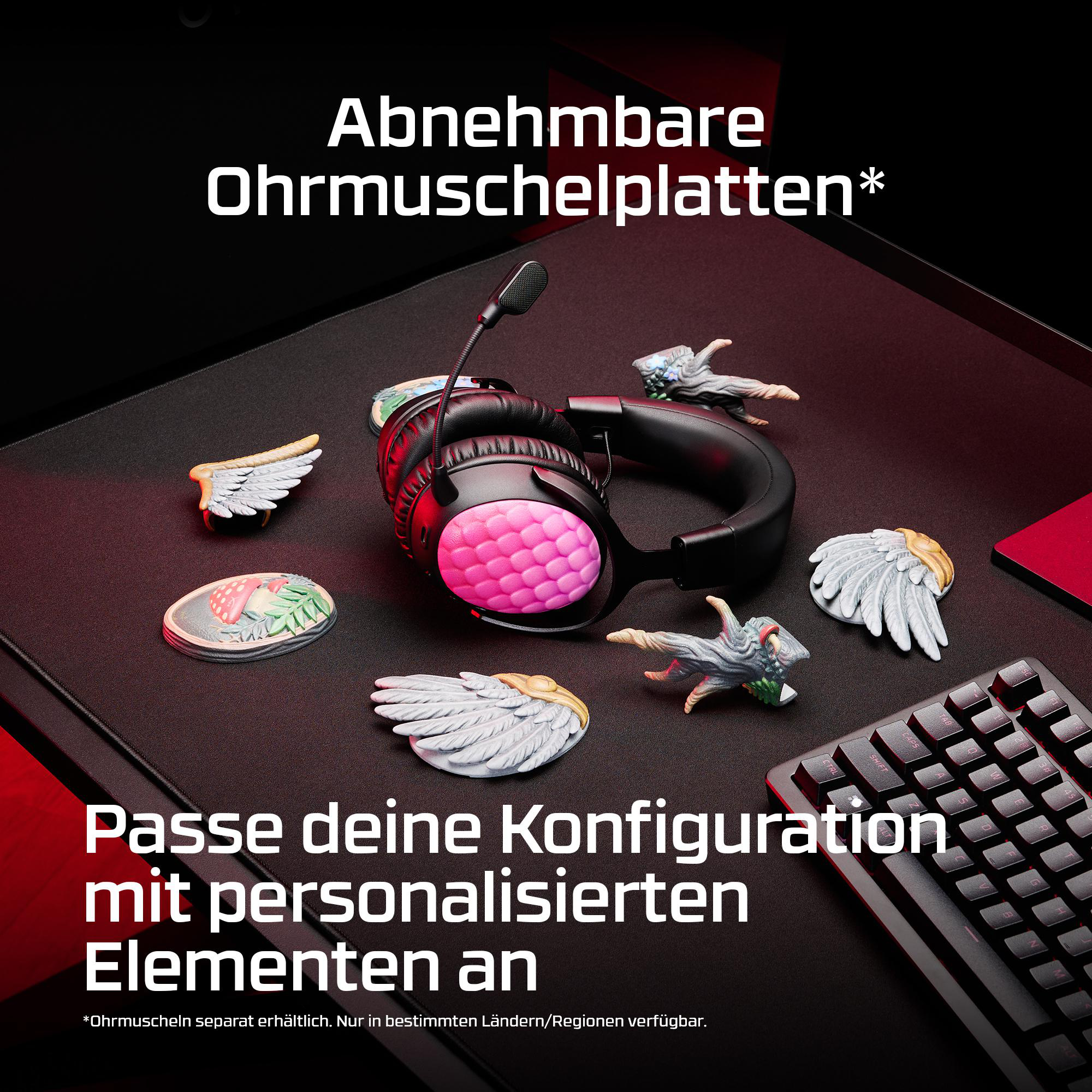 Ein schwarzes Headset mit austauschbaren, bunten Ohrmuschelplatten und Flügel-Ansteckern.