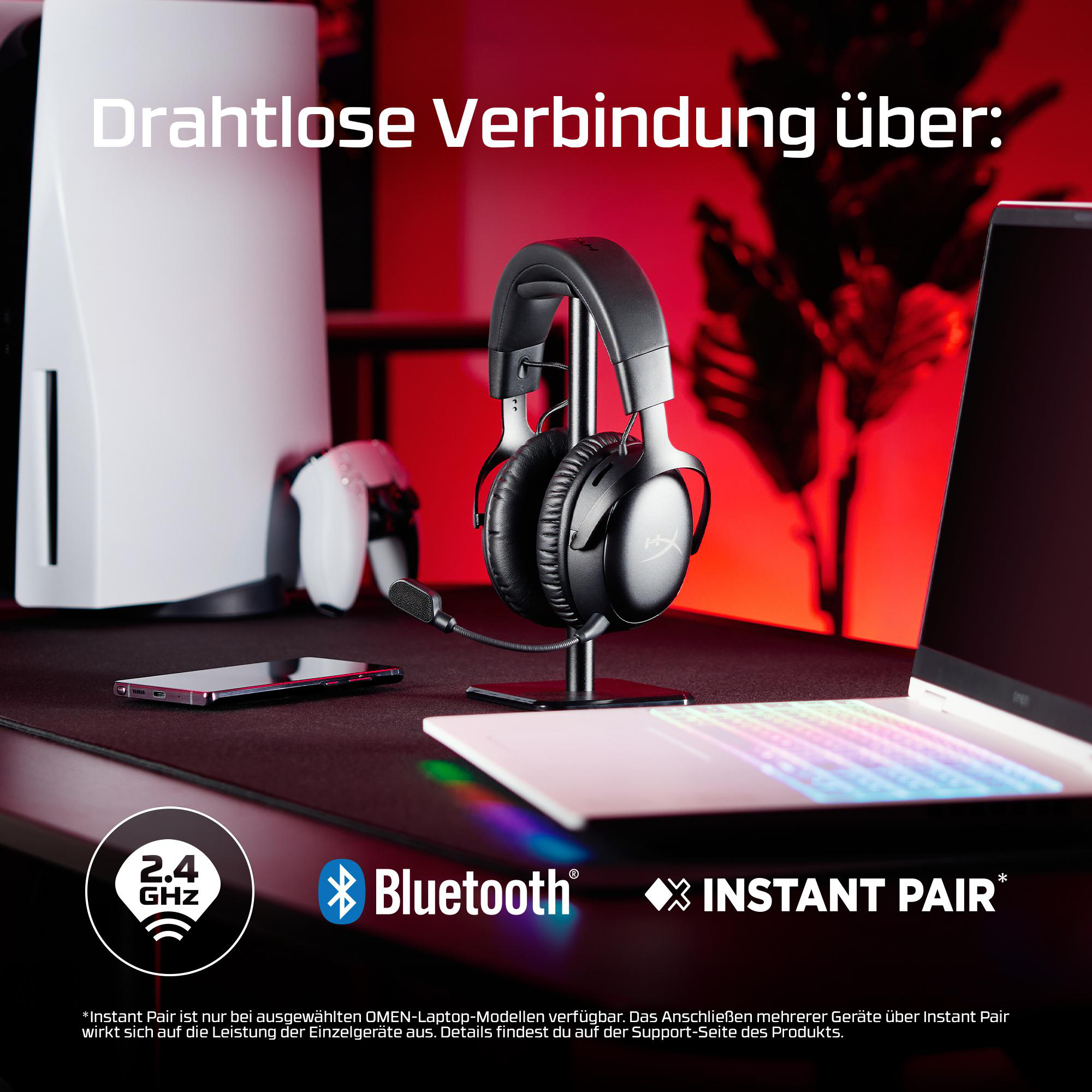 Gaming-Headset mit Mikrofon, Konsole, Controller, Smartphone und Laptop.