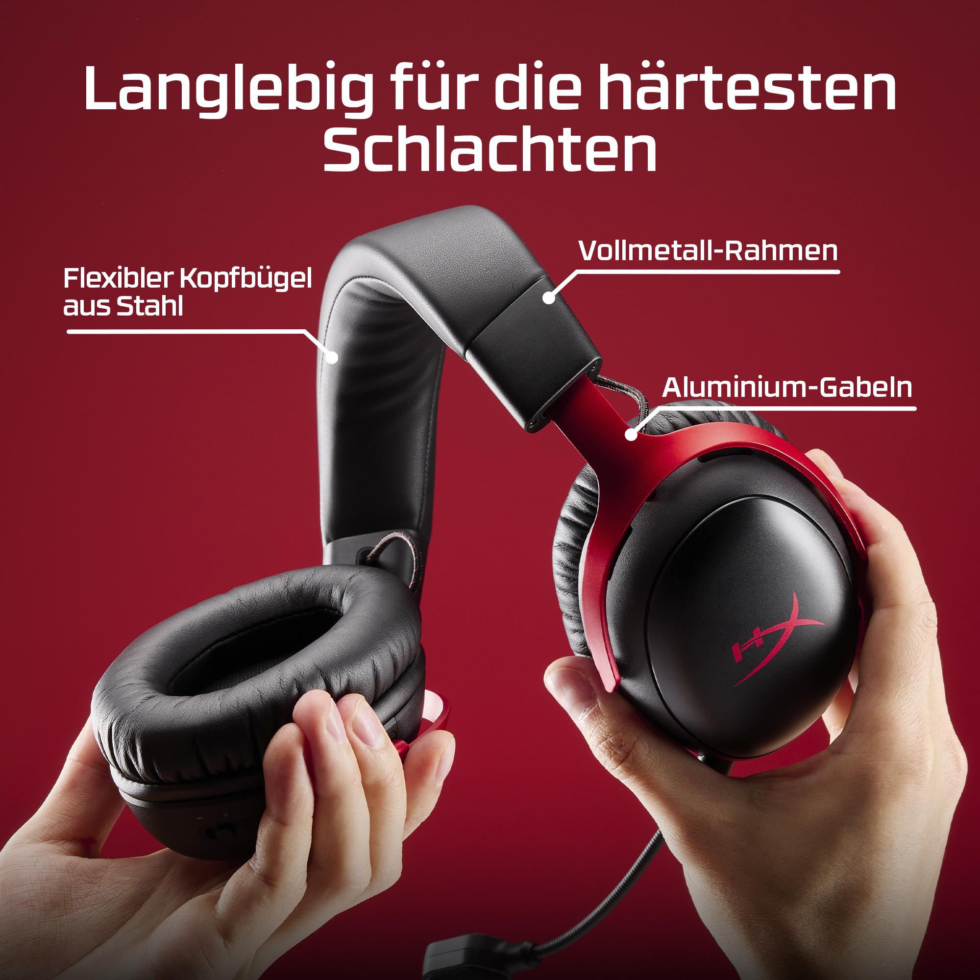 Hände zeigen Kopfhörer mit roten Akzenten. Text hebt Materialien hervor.