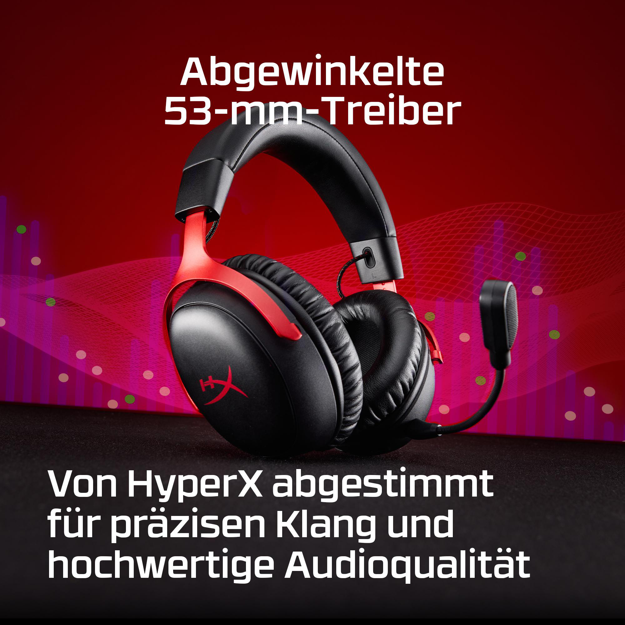 Schwarze und rote Kopfhörer mit Mikrofon vor rotem Hintergrund.