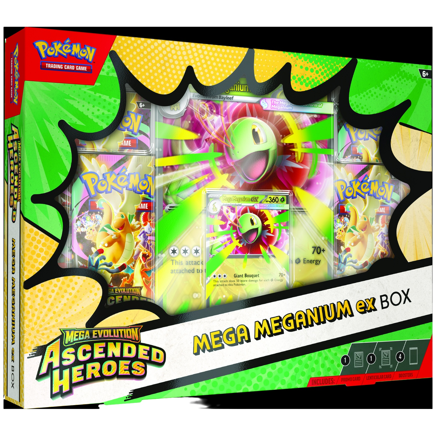 Pokemon Mega Meganium ex Box featuring trading cards and accessories.