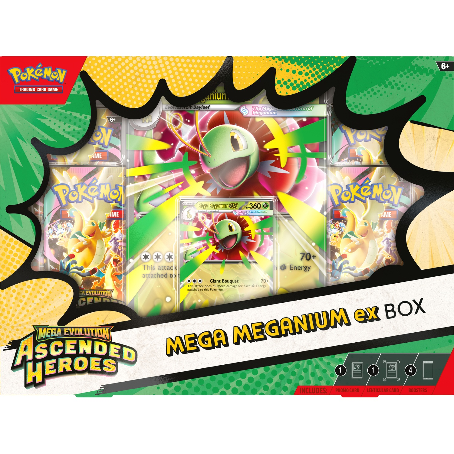 Pokemon Mega Meganium ex Box featuring trading cards and accessories.