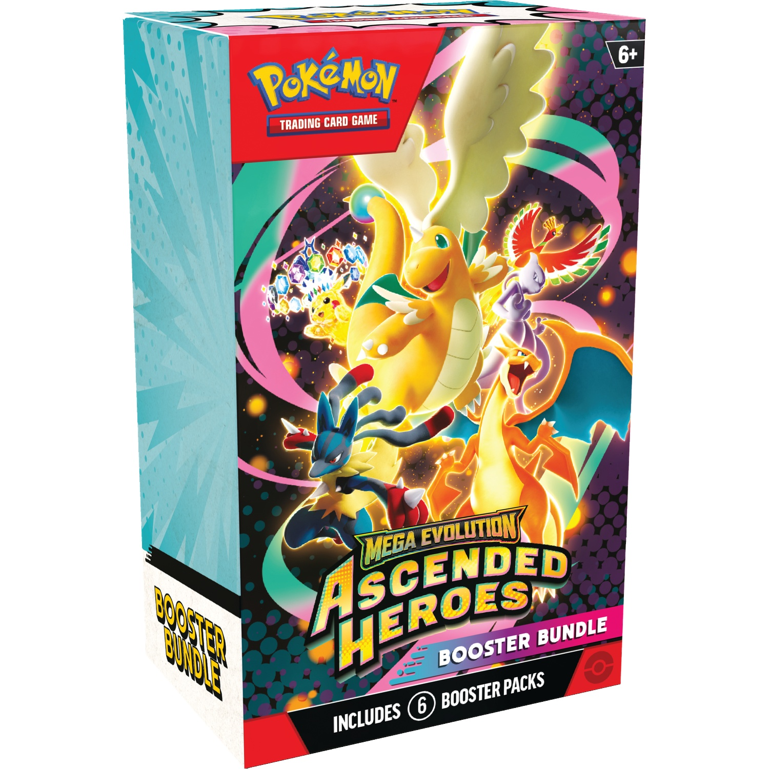 Pokemon Trading Card Game Booster Bundle with 6 packs. Features Dragonite, Lucario, Mewtwo.