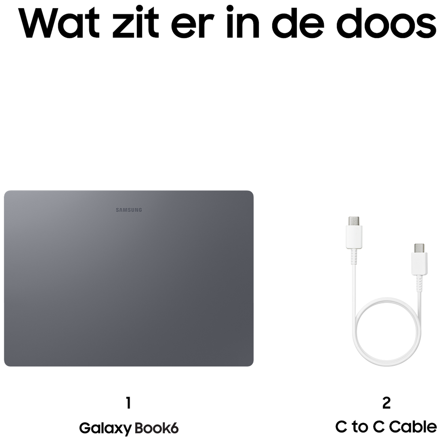Samsung Galaxy Book6 and a white USB-C cable.
