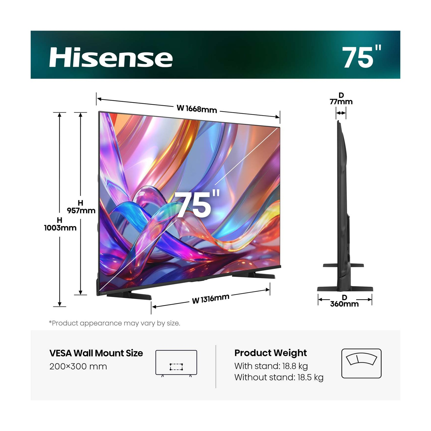 Dimensioni TV Hisense 75": L 1668mm, A 957/1003mm, P 77/360mm. VESA 200x300mm. Peso 18,8/18,5kg.
