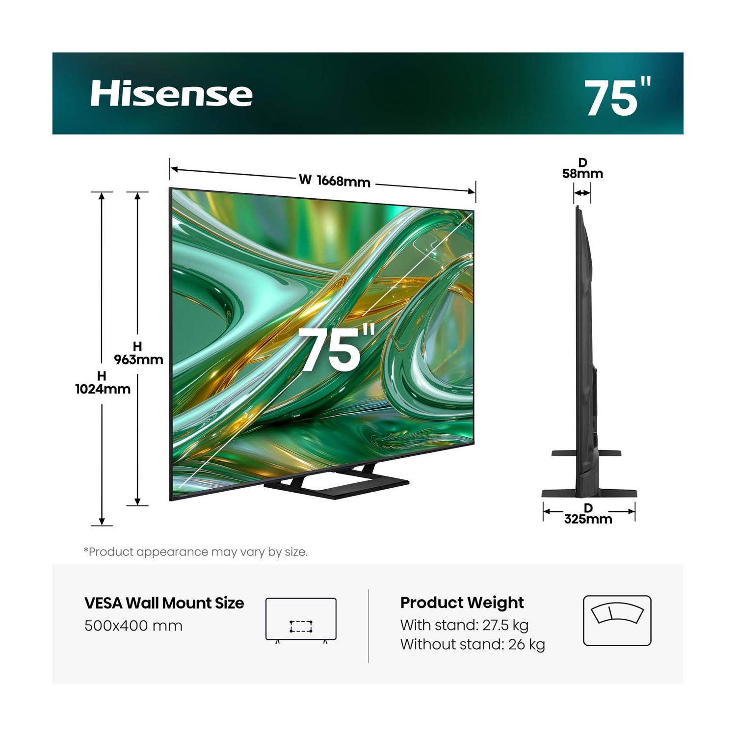 Specifiche TV Hisense 75": 1668mm L, 963mm A, 58mm P. VESA 500x400mm. Peso 27,5kg.