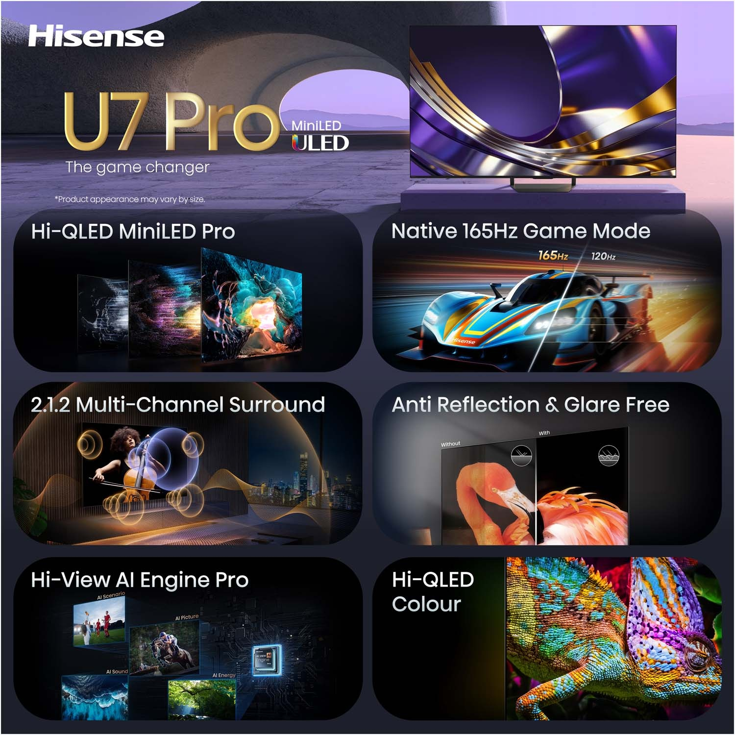 Pubblicità TV Hisense U7 Pro: Hi-QLED MiniLED Pro, gaming 165Hz, audio surround, motore AI, antiriflesso.