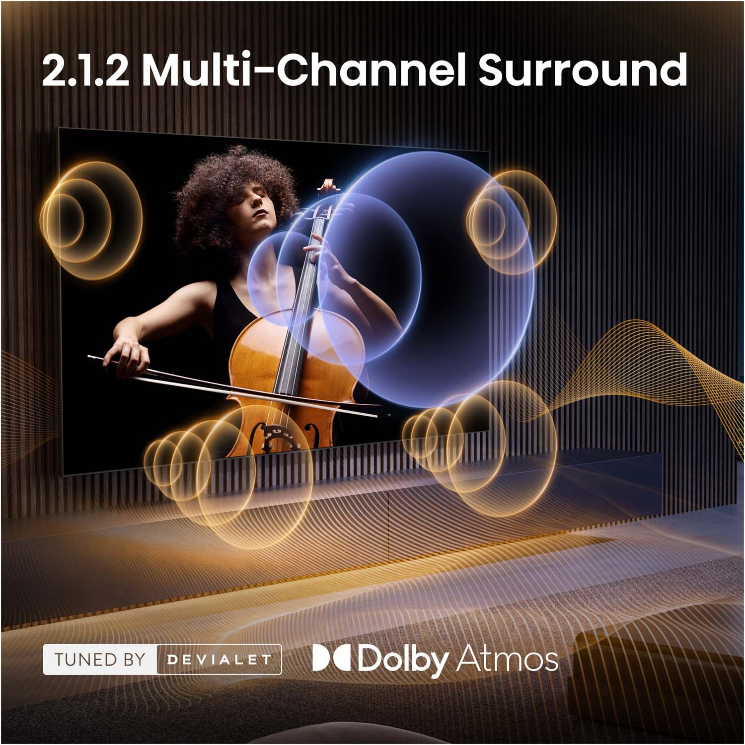 Donna suona il violoncello, circondata da onde sonore luminose. Logo Dolby Atmos.