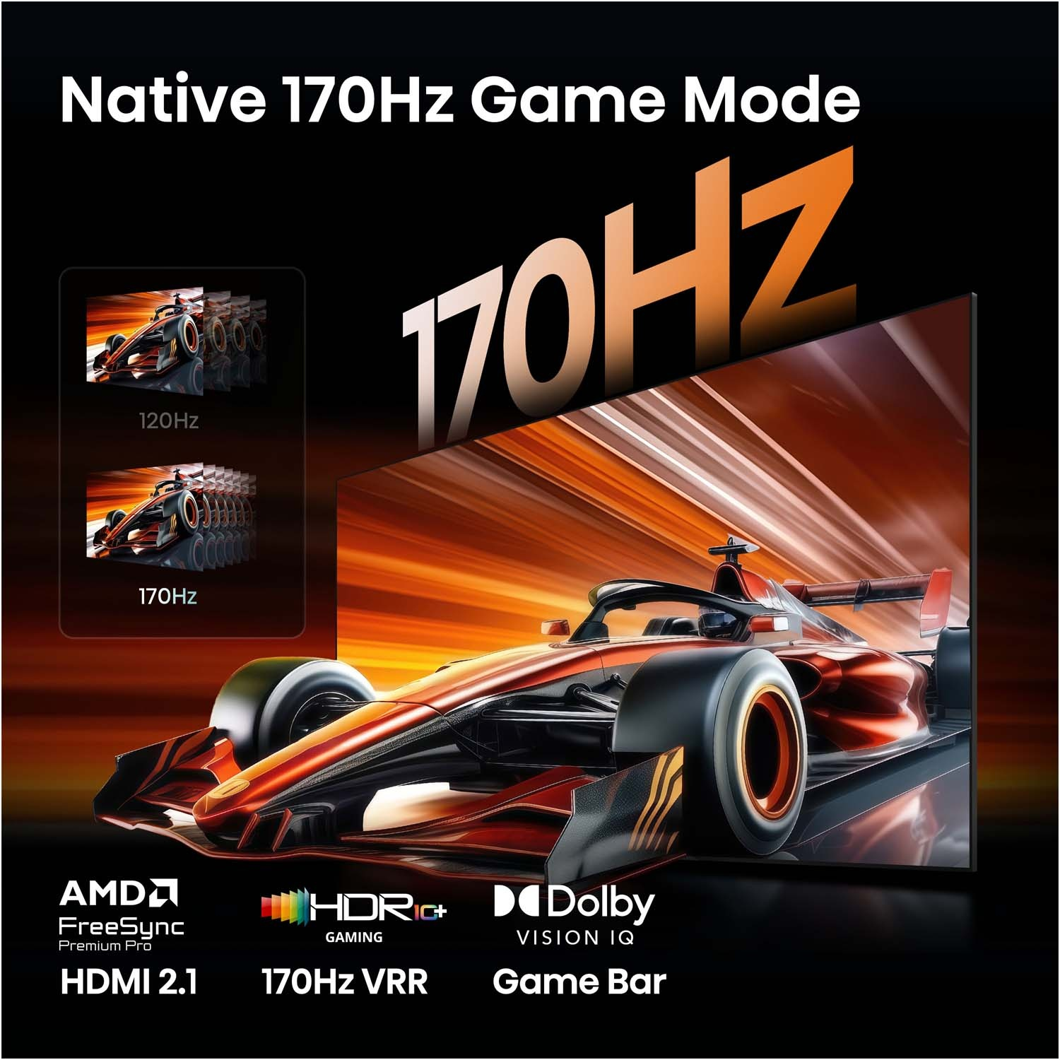 Un'auto da corsa è mostrata su un TV con modalità gioco a 170Hz.